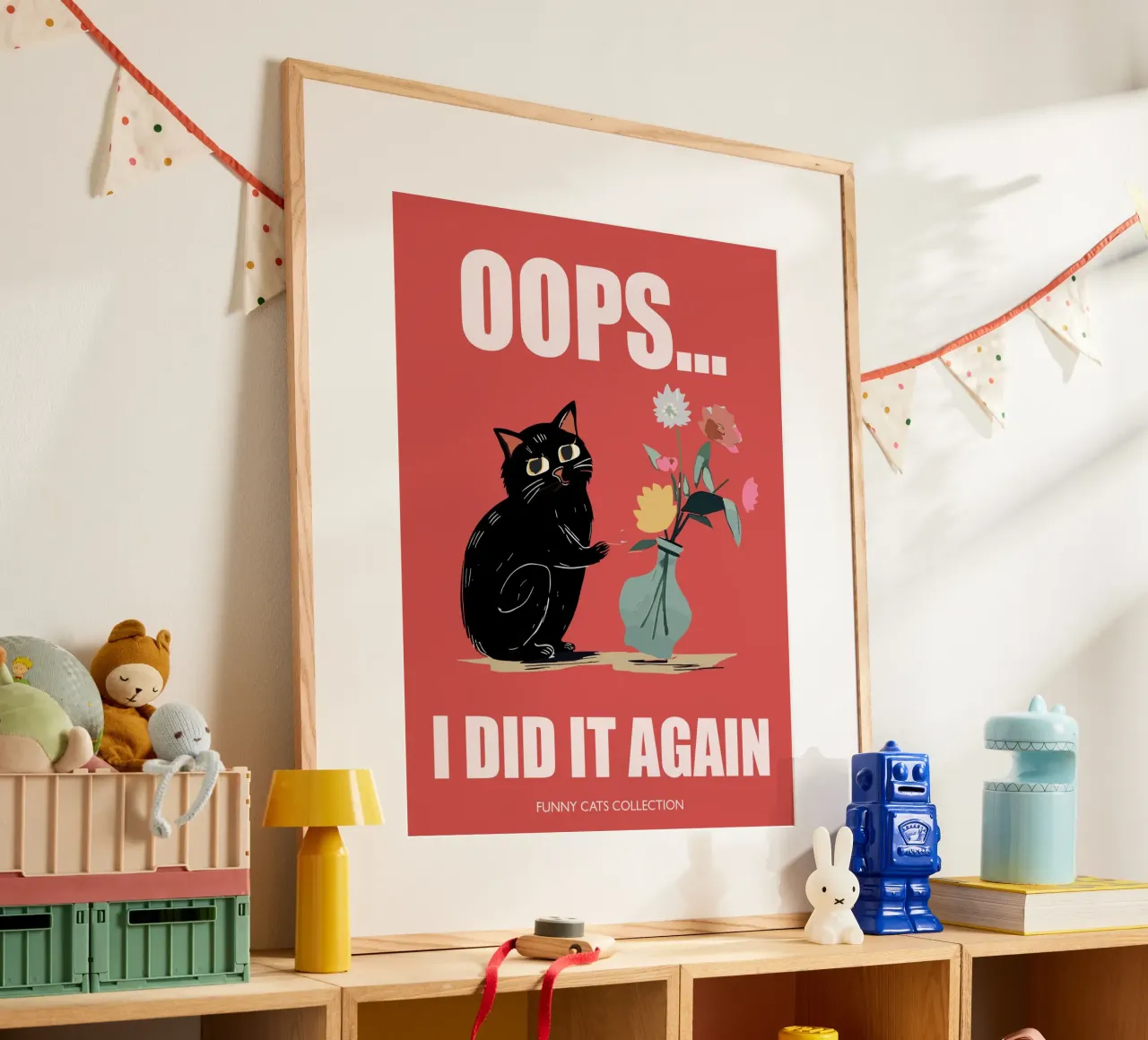 "Oops I did it again" Chat noir avec vase à fleurs poster avec cadre en aluminium de Peaches Art Prints