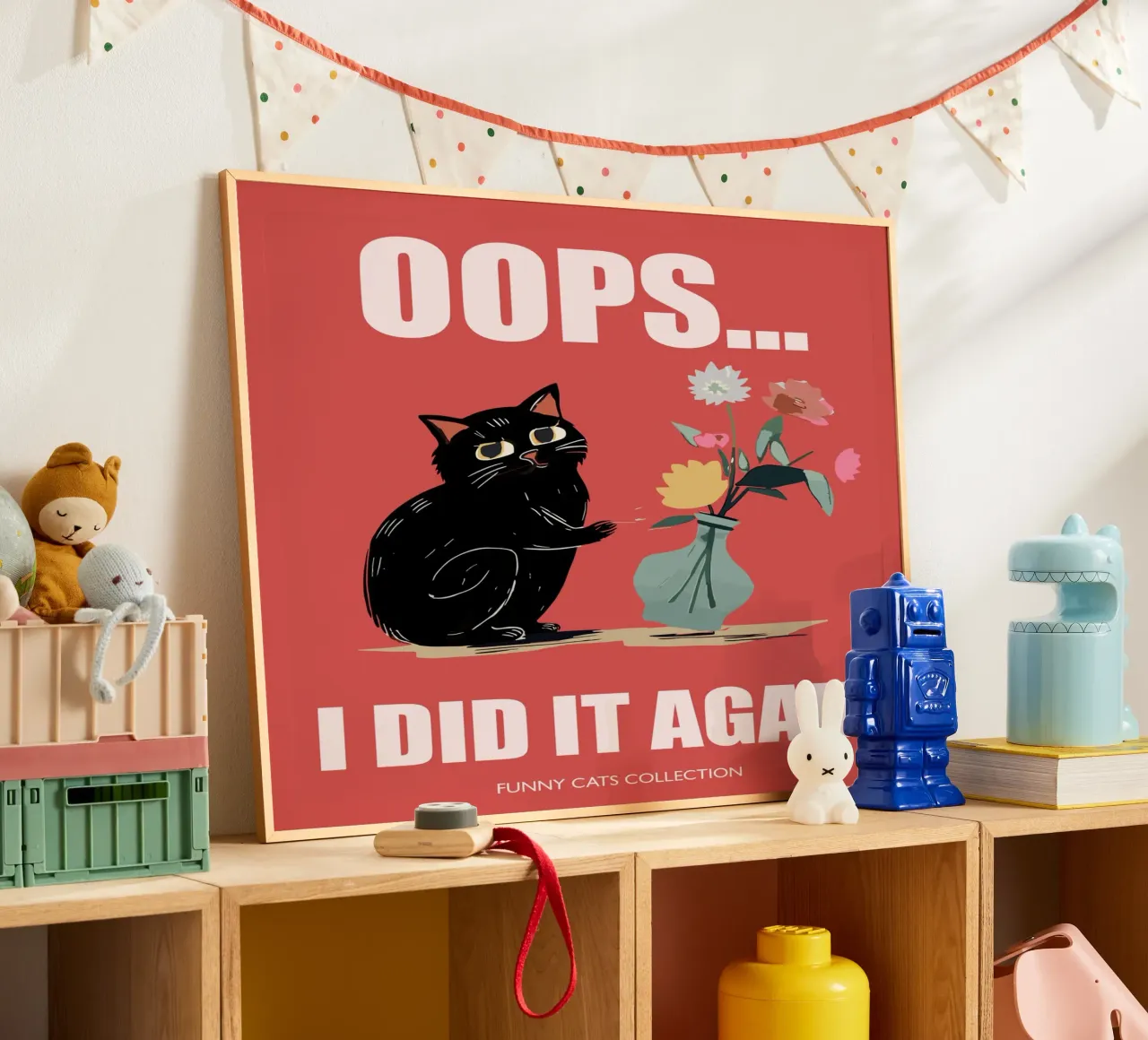 "Oops I did it again" Chat noir avec vase à fleurs poster avec cadre en aluminium de Peaches Art Prints