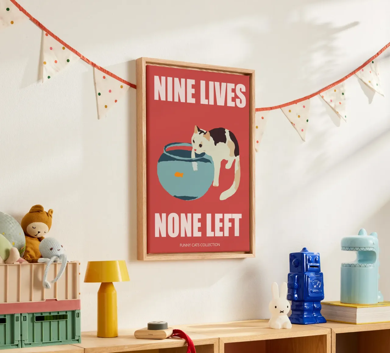 Cat Art, Nine lives None Left, Funny Cat with Fishbowl canvas with Floater frame by Peaches Art Prints