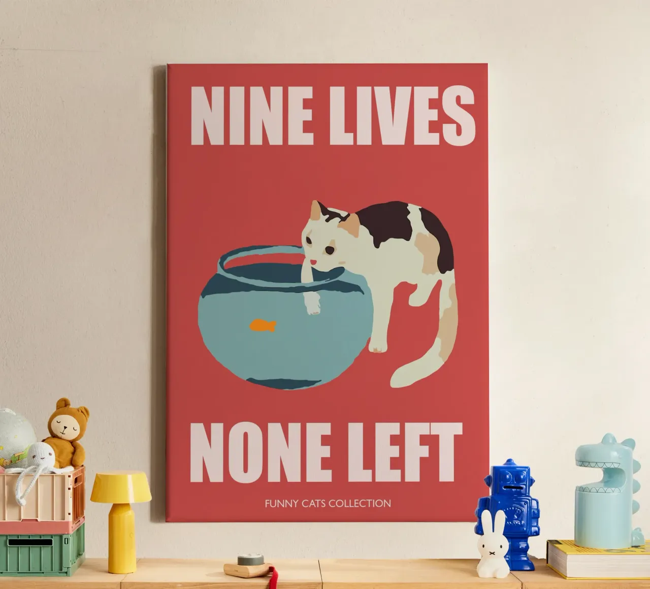 Cat Art, Nine lives None Left, Funny Cat with Fishbowl canvas with Floater frame by Peaches Art Prints