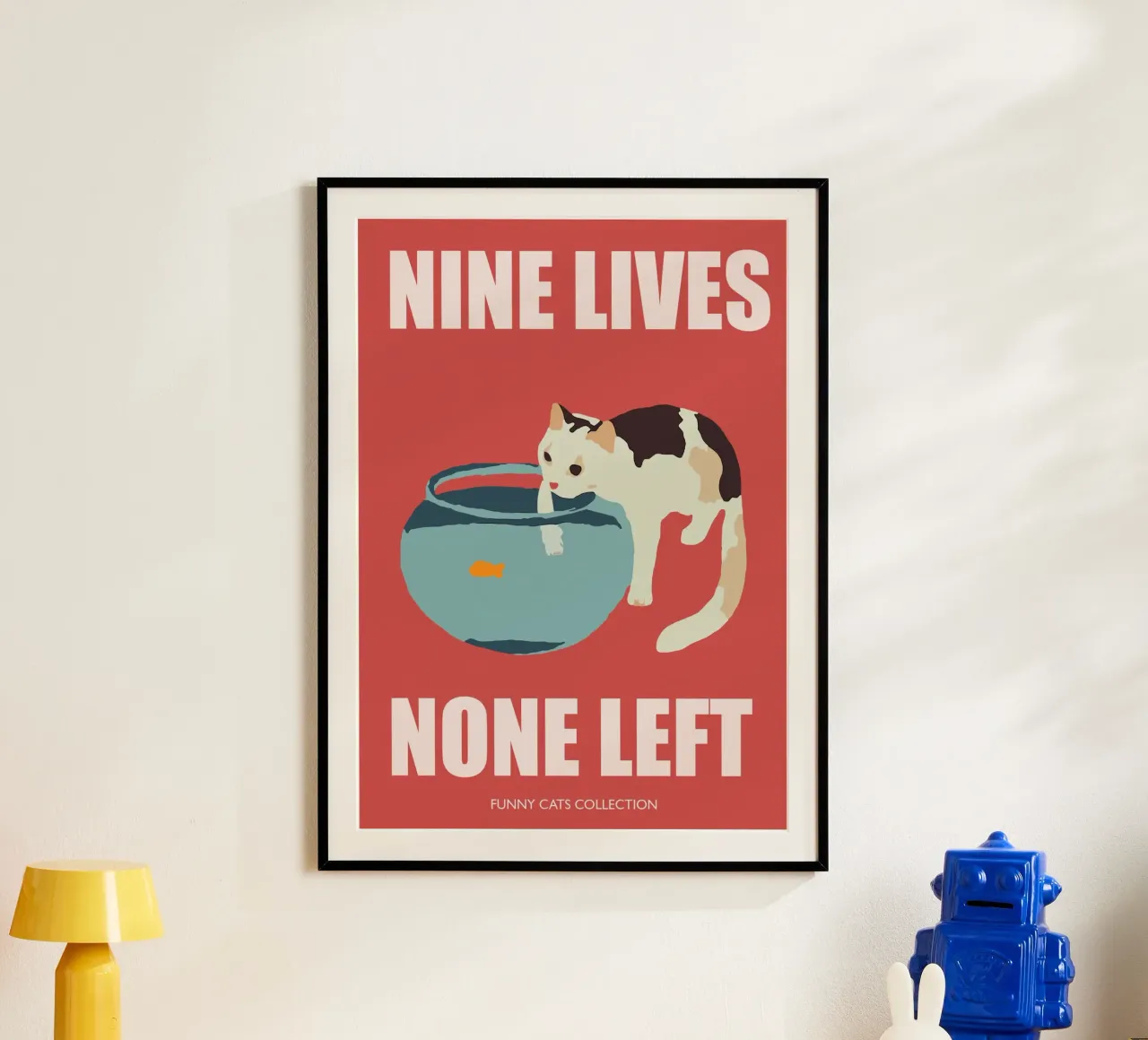 Cat Art, Nine lives None Left, Gatto divertente con boccia da pesca poster da Peaches Art Prints