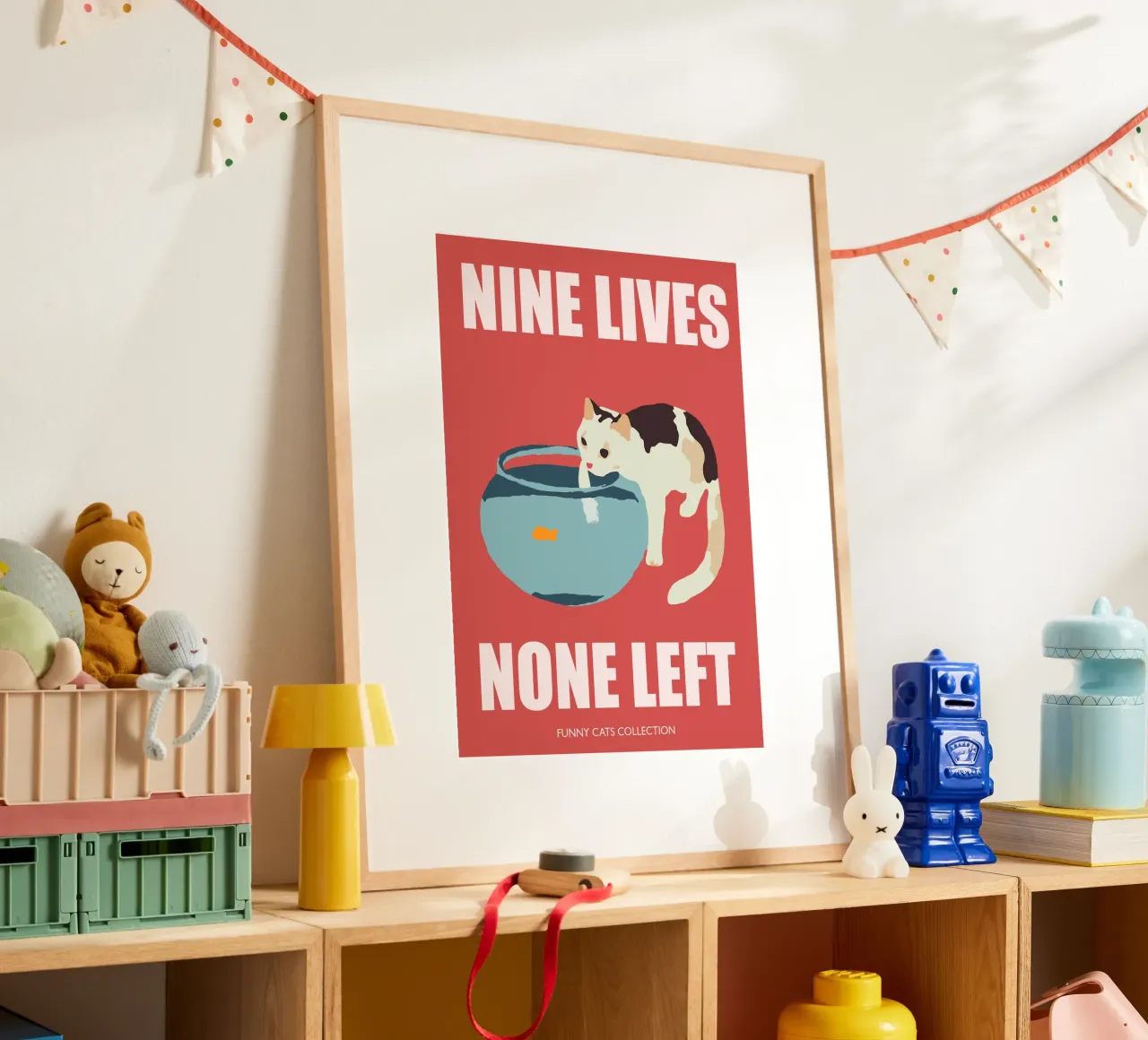 Cat Art, Nine lives None Left, Gatto divertente con boccia da pesca poster da Peaches Art Prints