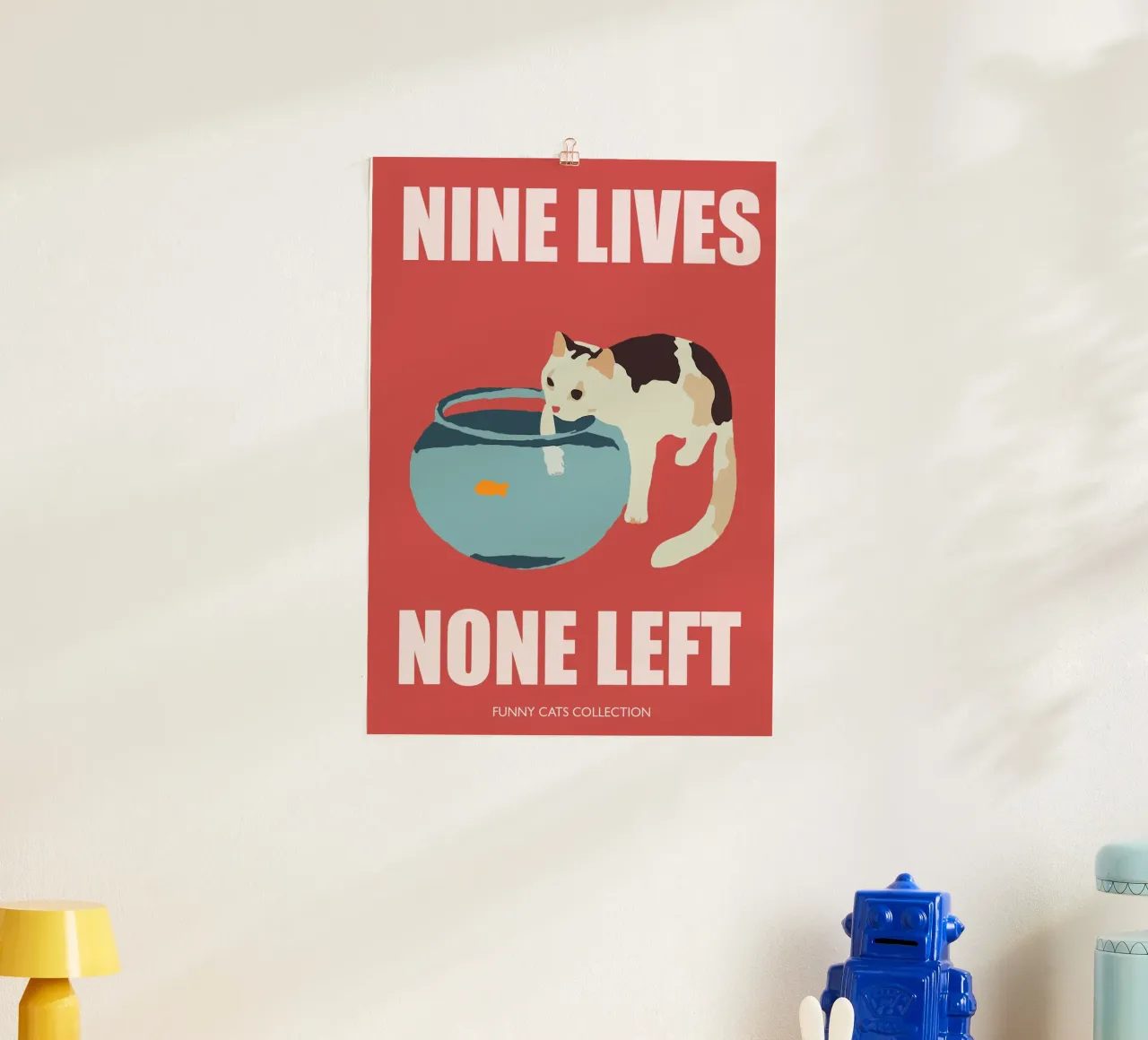 Cat Art, Nine lives None Left, Gatto divertente con boccia da pesca poster da Peaches Art Prints