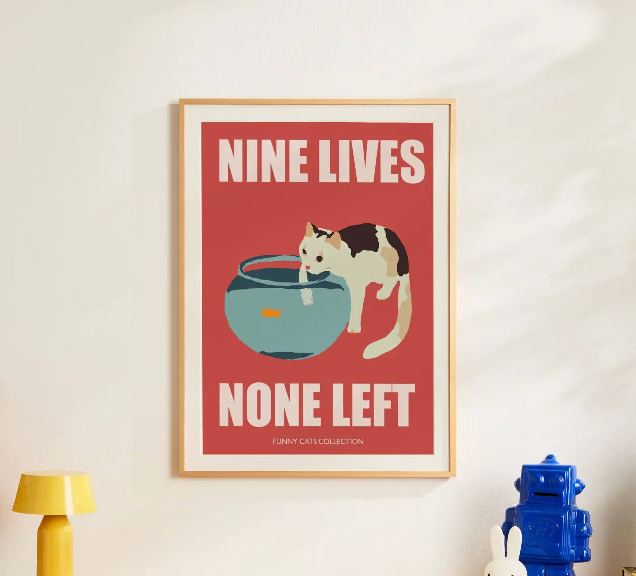 Cat Art, Nine lives None Left, Gatto divertente con boccia da pesca poster da Peaches Art Prints