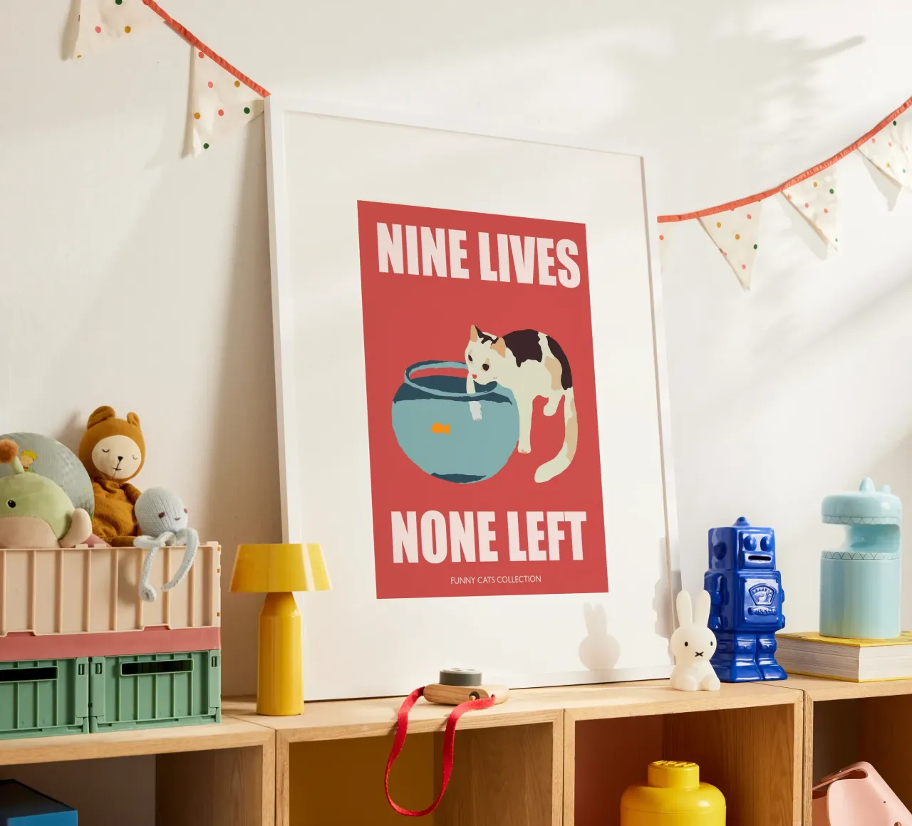 Cat Art, Nine lives None Left, Gatto divertente con boccia da pesca poster da Peaches Art Prints