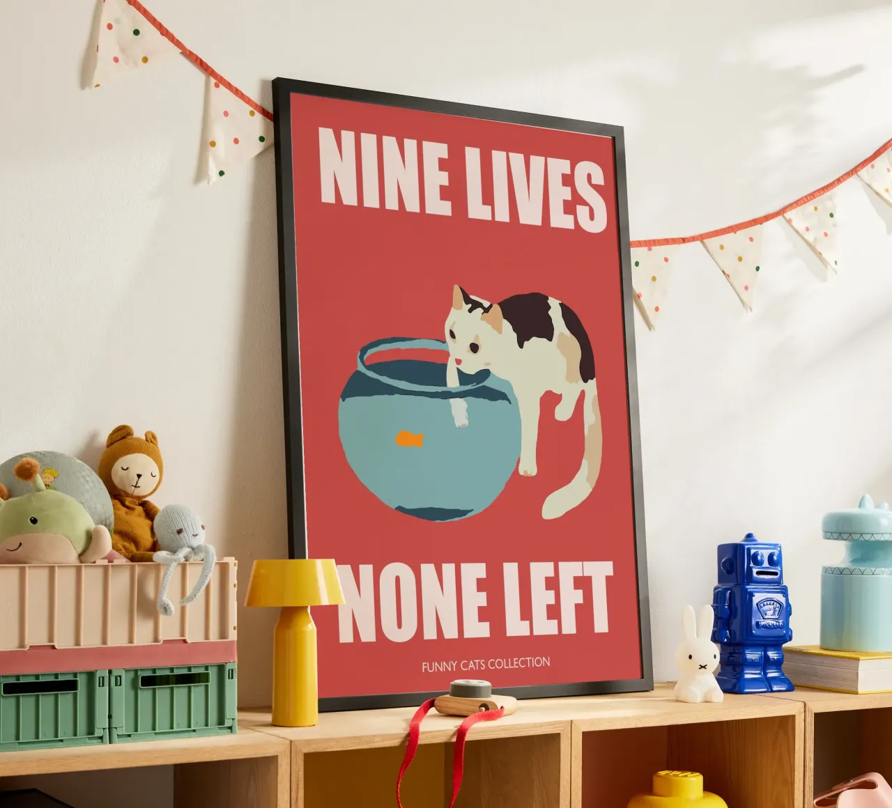 Cat Art, Nine lives None Left, Gatto divertente con boccia da pesca poster da Peaches Art Prints
