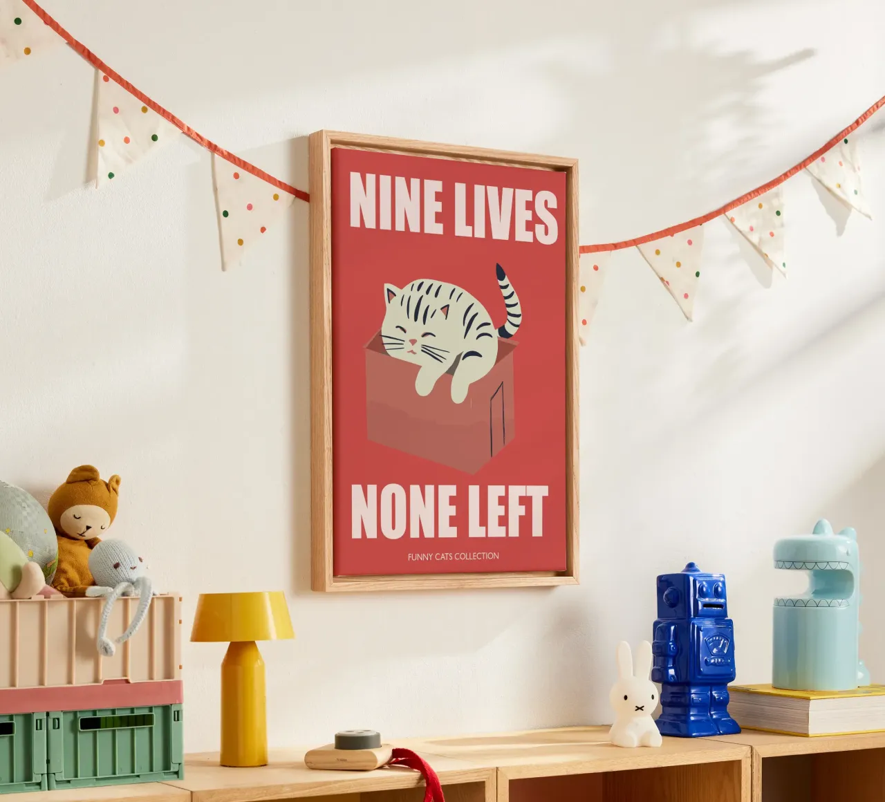 Cat, Nine Lives None Left, Quote. Funny cat in a box canvas with Floater frame by Peaches Art Prints