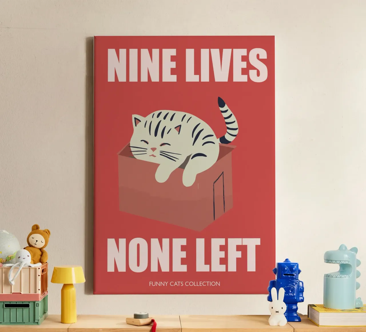 Cat, Nine Lives None Left, Quote. Funny cat in a box canvas with Floater frame by Peaches Art Prints