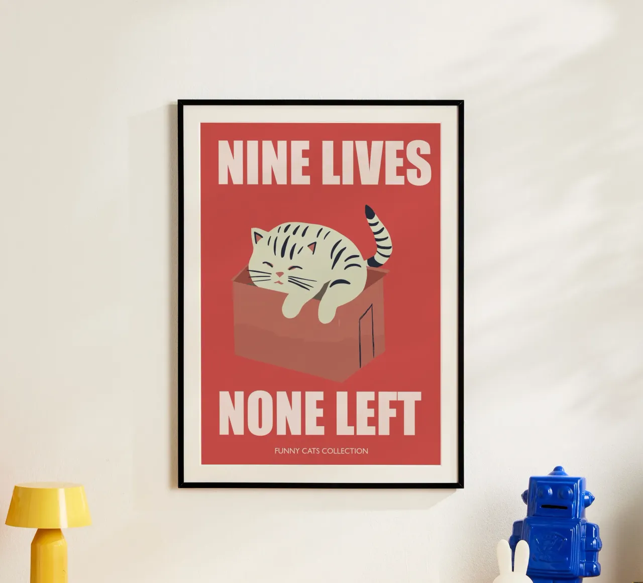 Gatto, Nove vite nessuna a sinistra, Citazione. Divertente Gatto in scatola poster da Peaches Art Prints