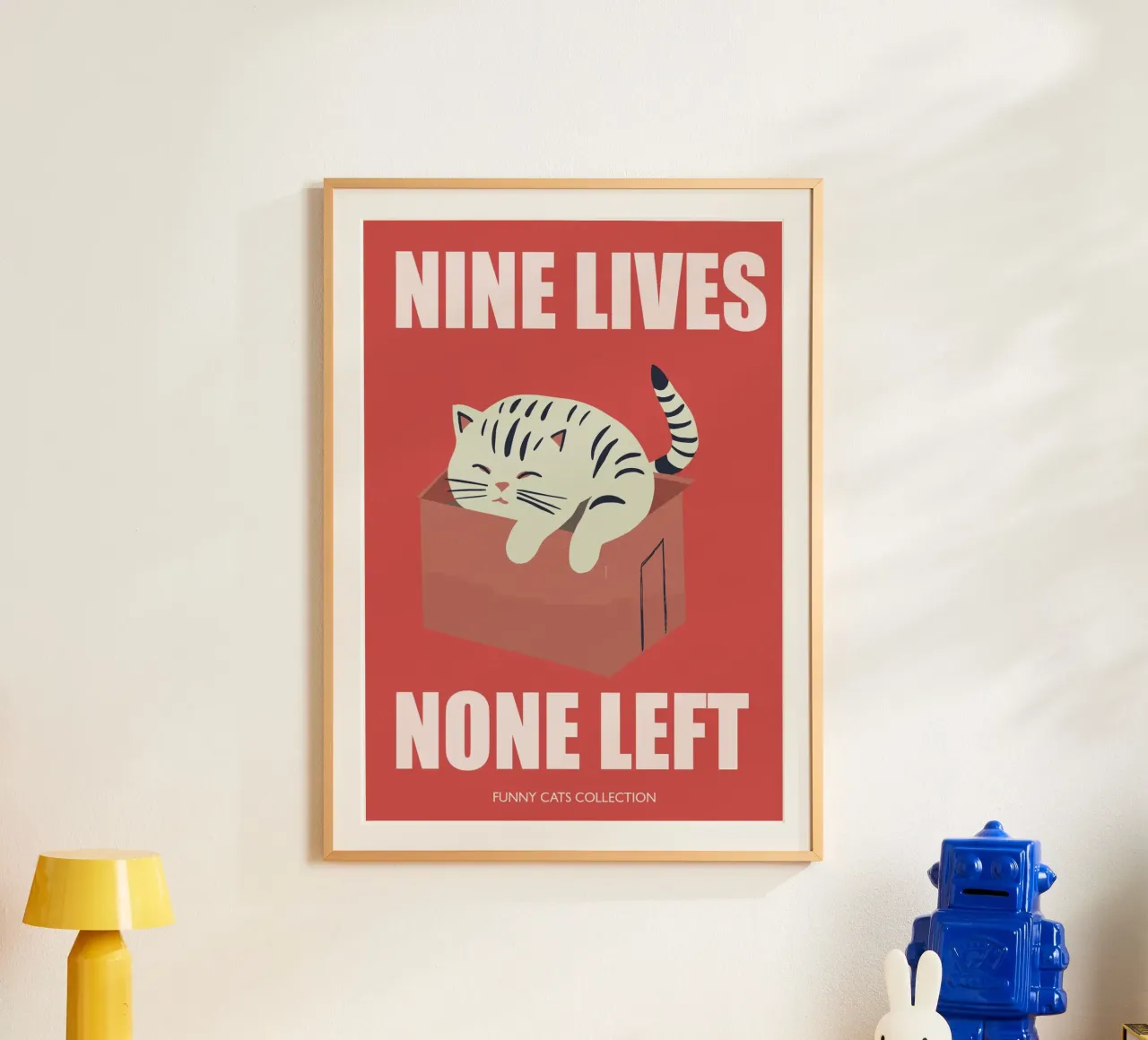 Gatto, Nove vite nessuna a sinistra, Citazione. Divertente Gatto in scatola poster da Peaches Art Prints