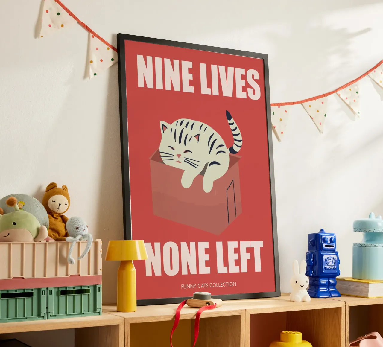 Gatto, Nove vite nessuna a sinistra, Citazione. Divertente Gatto in scatola poster da Peaches Art Prints