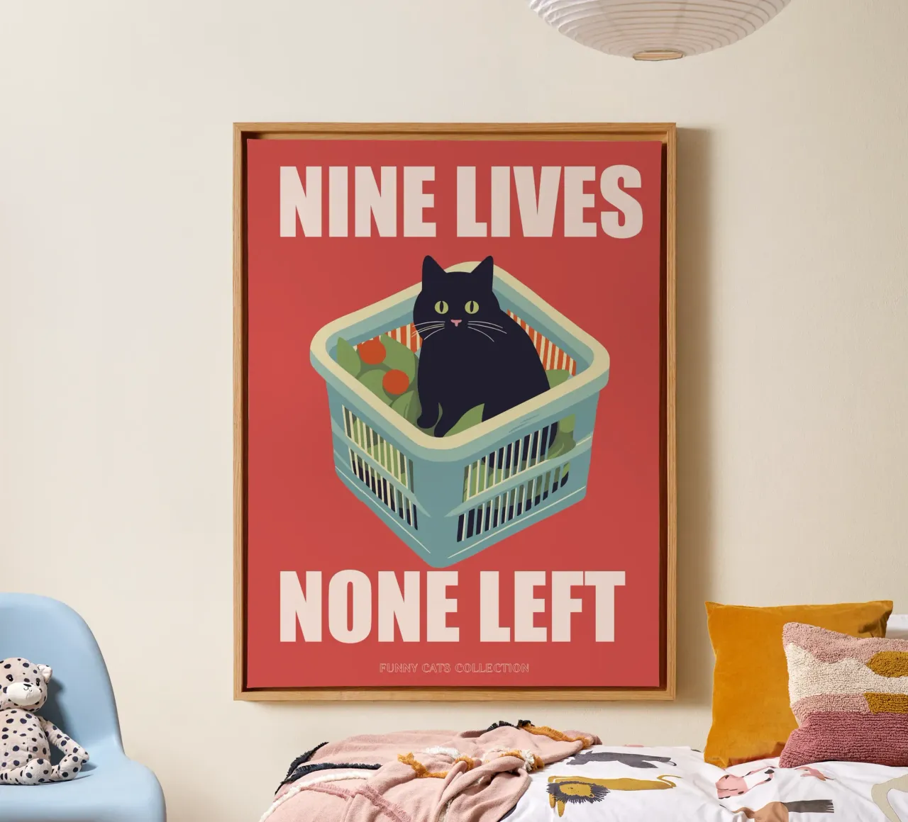 Cat Art, Nine Lives None Left Quote, Gatto divertente in un cesto tela con Cornice a cassetta da Peaches Art Prints