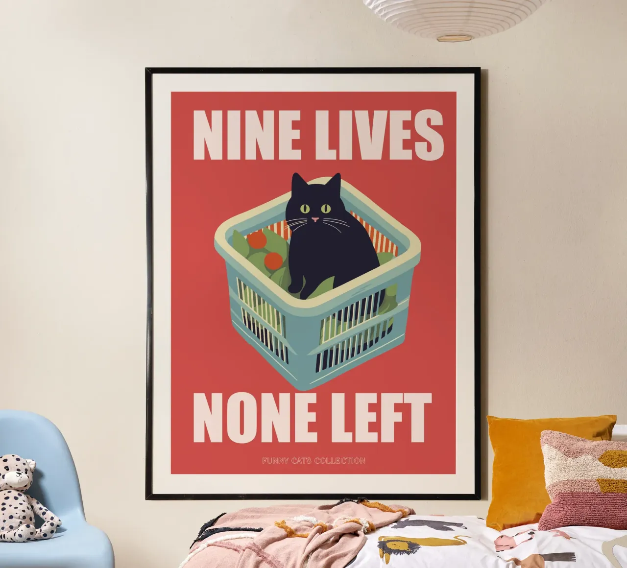 Cat Art, Nine Lives None Left Quote, Gatto divertente in un cesto poster con telaio in legno da Peaches Art Prints
