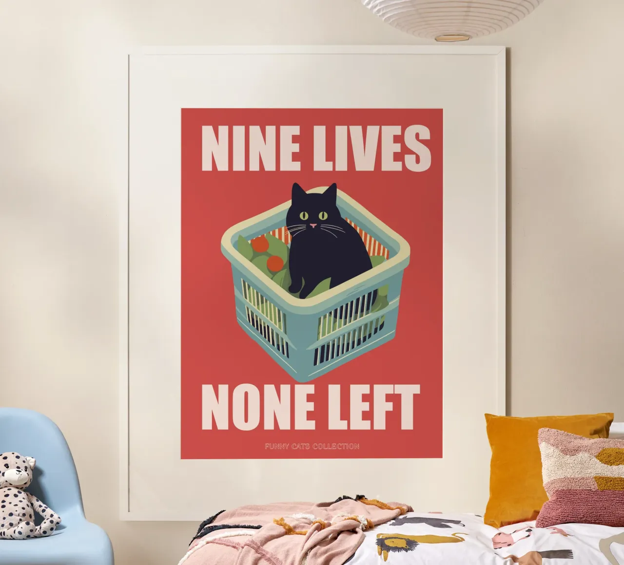 Cat Art, Nine Lives None Left Quote, Gatto divertente in un cesto poster con telaio in legno da Peaches Art Prints