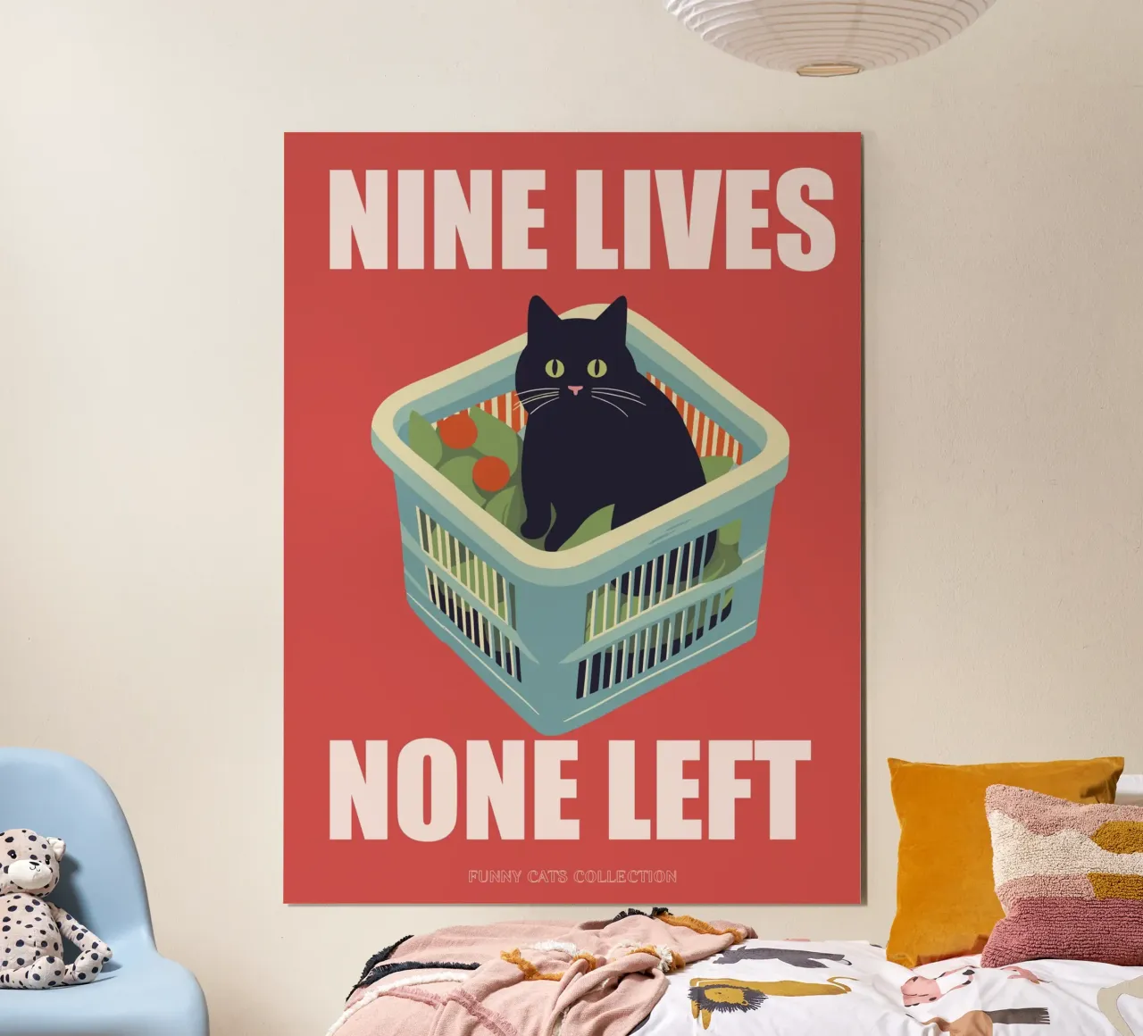 Cat Art, Nine Lives None Left Quote, Gatto divertente in un cesto poster con telaio in legno da Peaches Art Prints