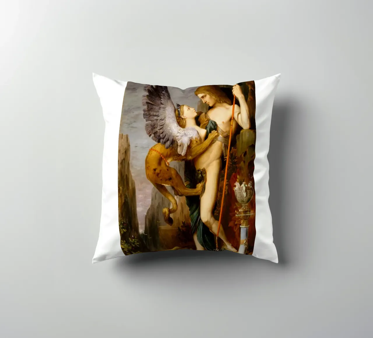 Gustave Moreau - Oedipus and the Sphinx decorative cushion by Timeless Artworks