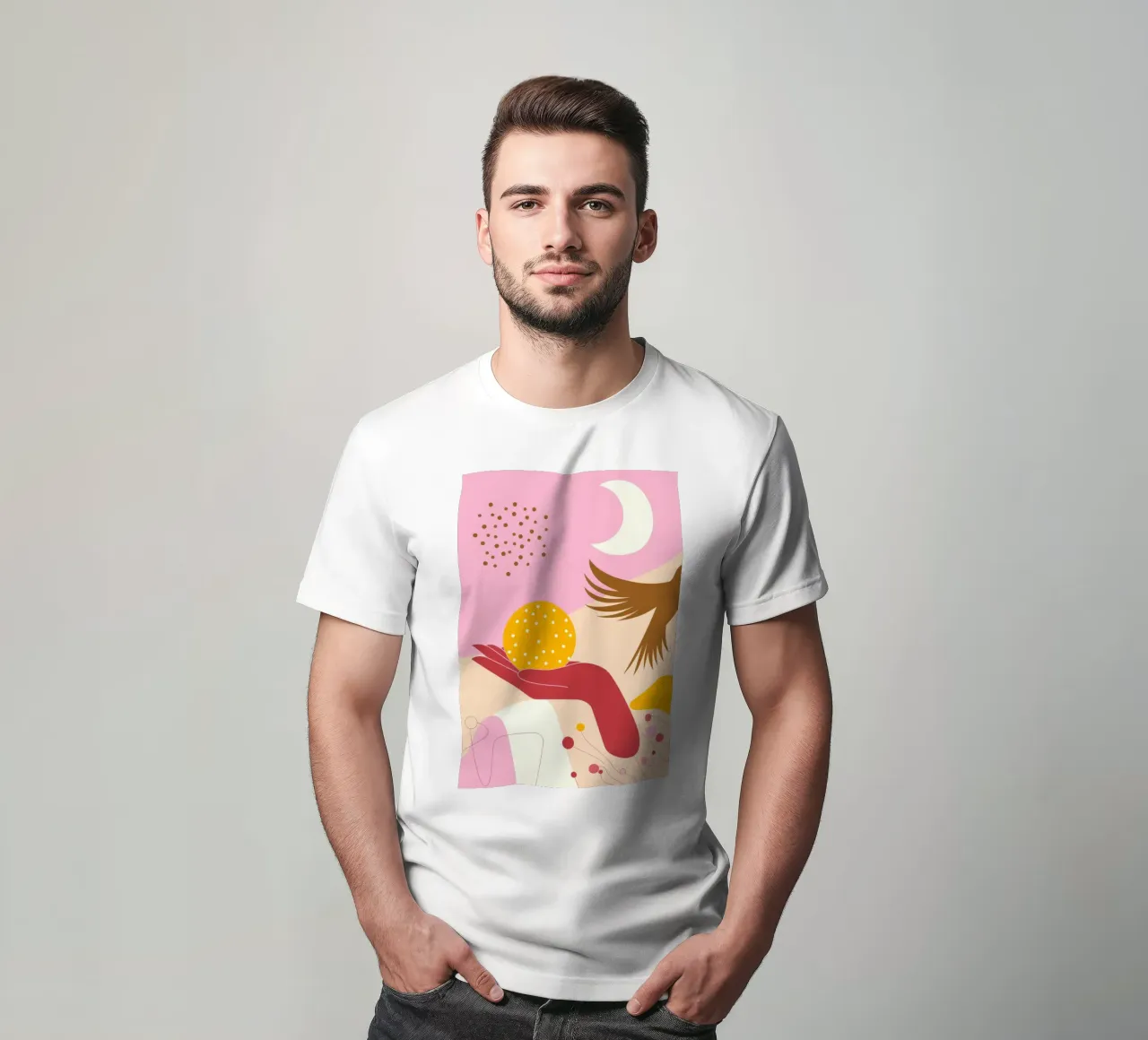 Sfera di uccelli a mano t-shirt da Demar Galleria