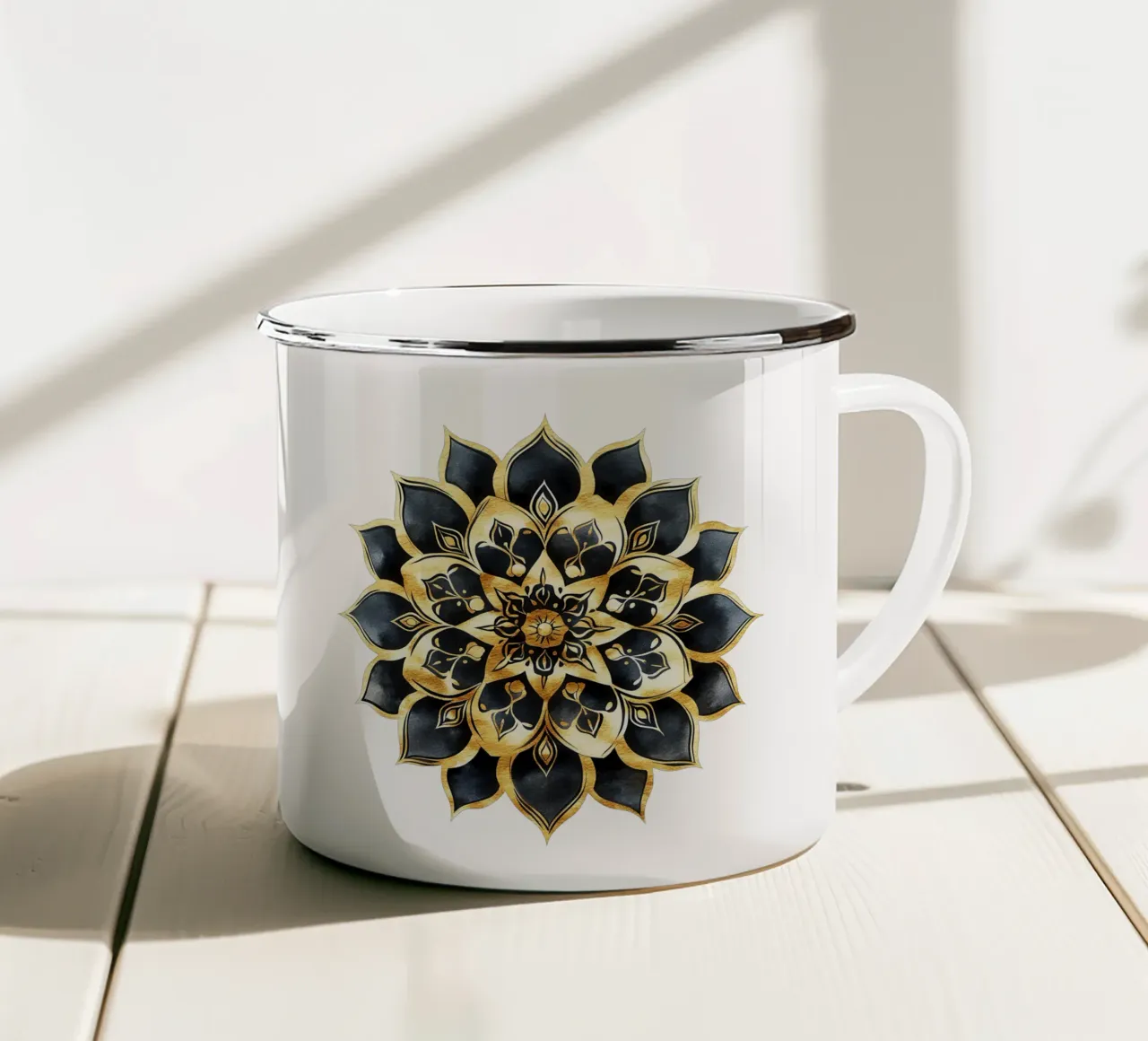 Mandala nero e oro tazza in smalto da Spiritual Touch