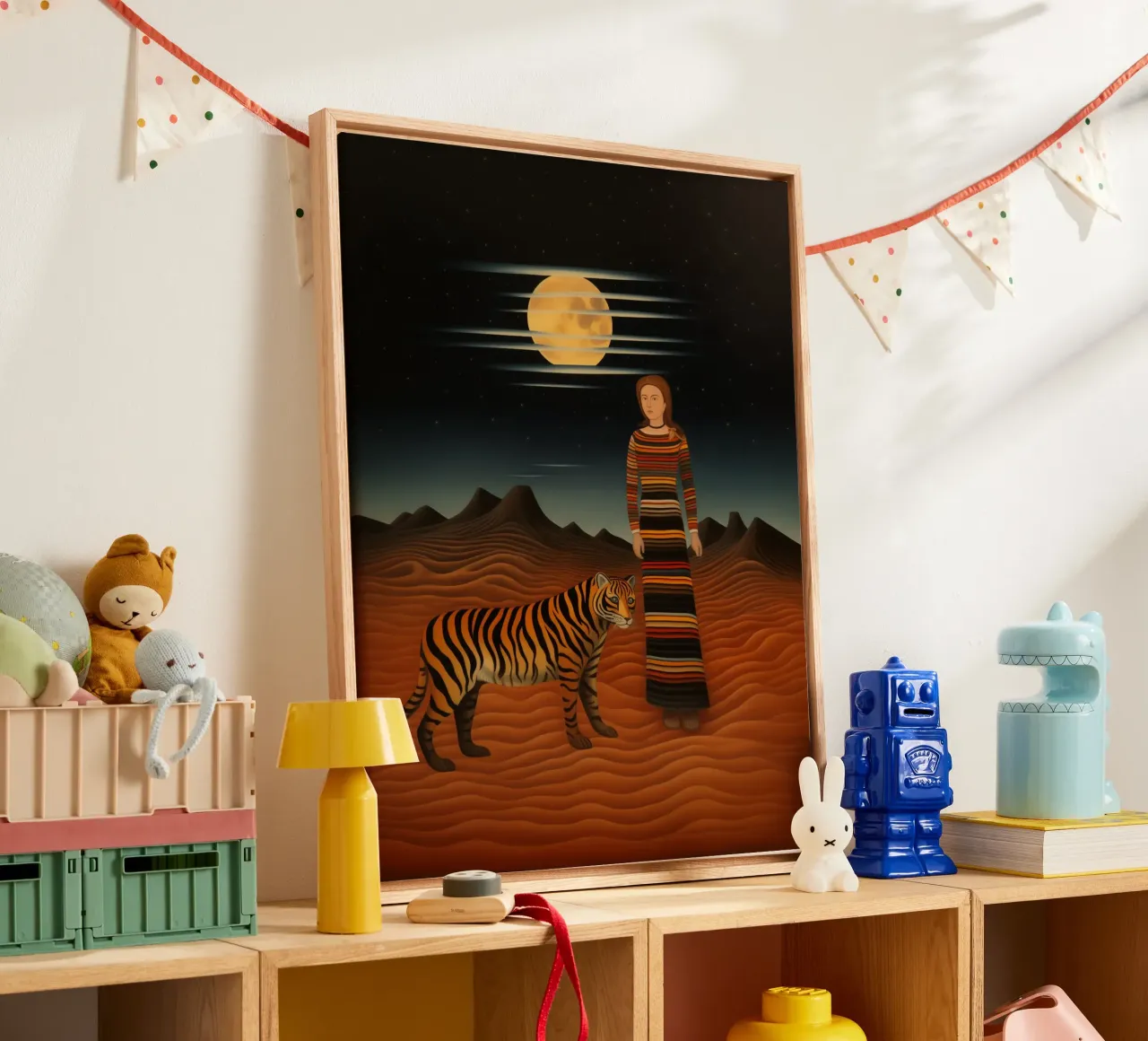 Woman with tiger in the desert | Inspired by Henri Rousseau canvas with Floater frame by Autofocus