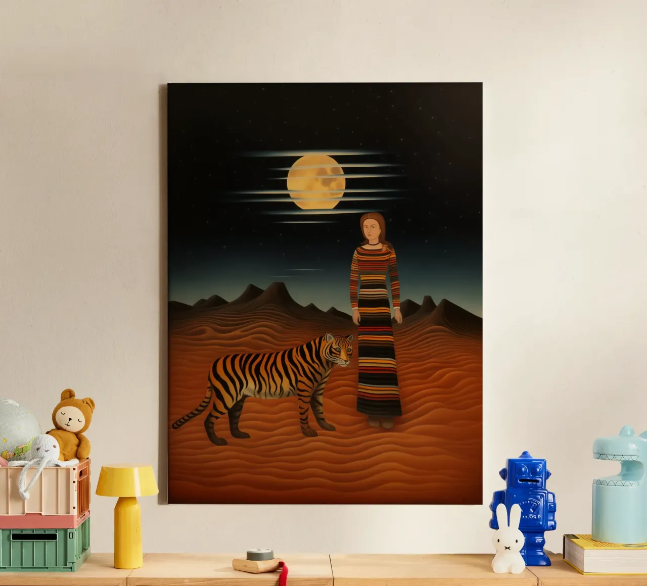 Woman with tiger in the desert | Inspired by Henri Rousseau canvas with Floater frame by Autofocus