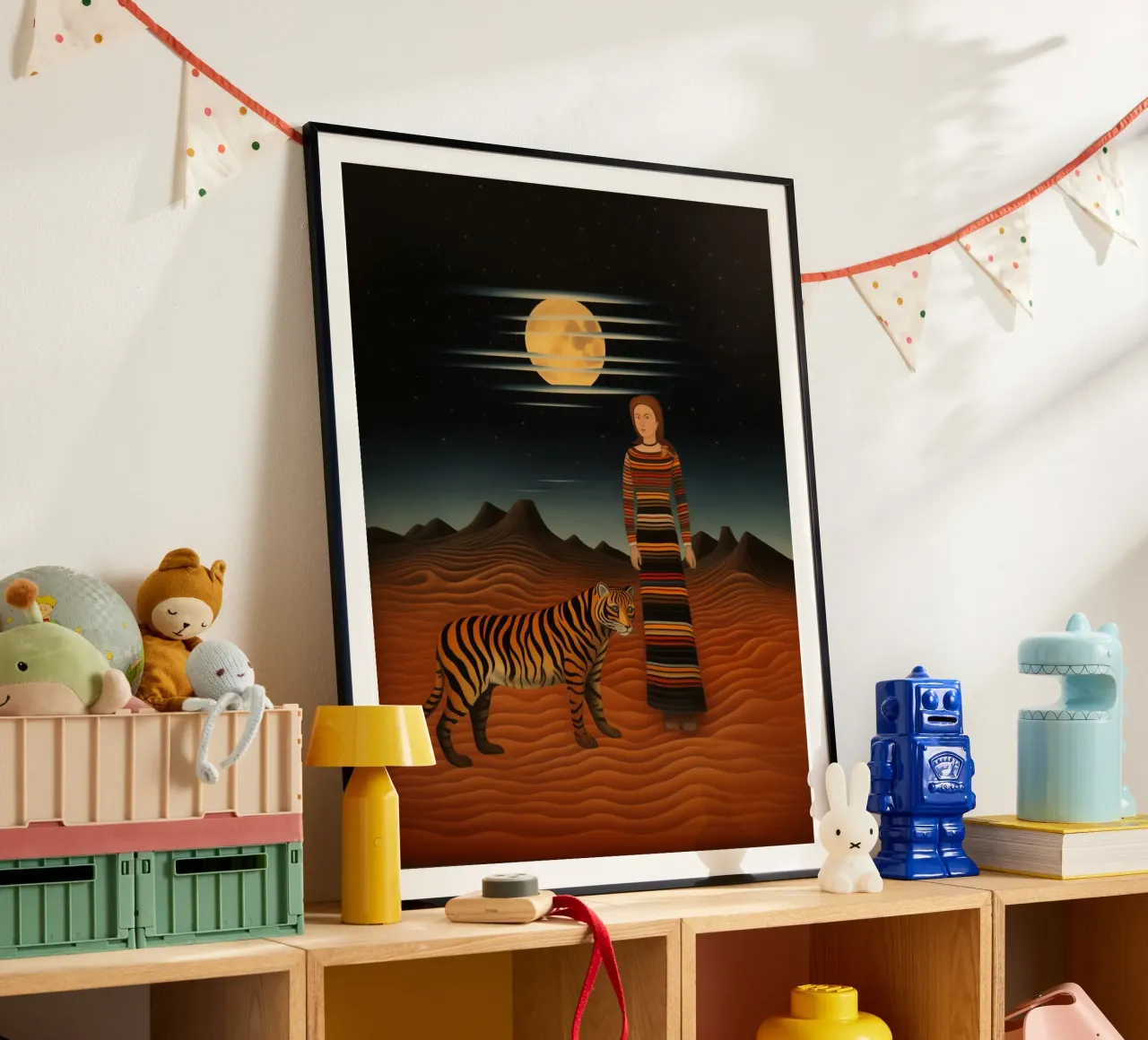 Frau mit Tiger in der Wüste | Inspiriert von Henri Rousseau Poster von Autofocus