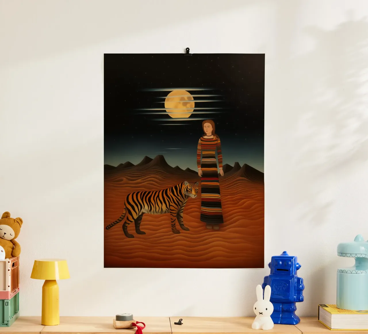Frau mit Tiger in der Wüste | Inspiriert von Henri Rousseau Poster von Autofocus