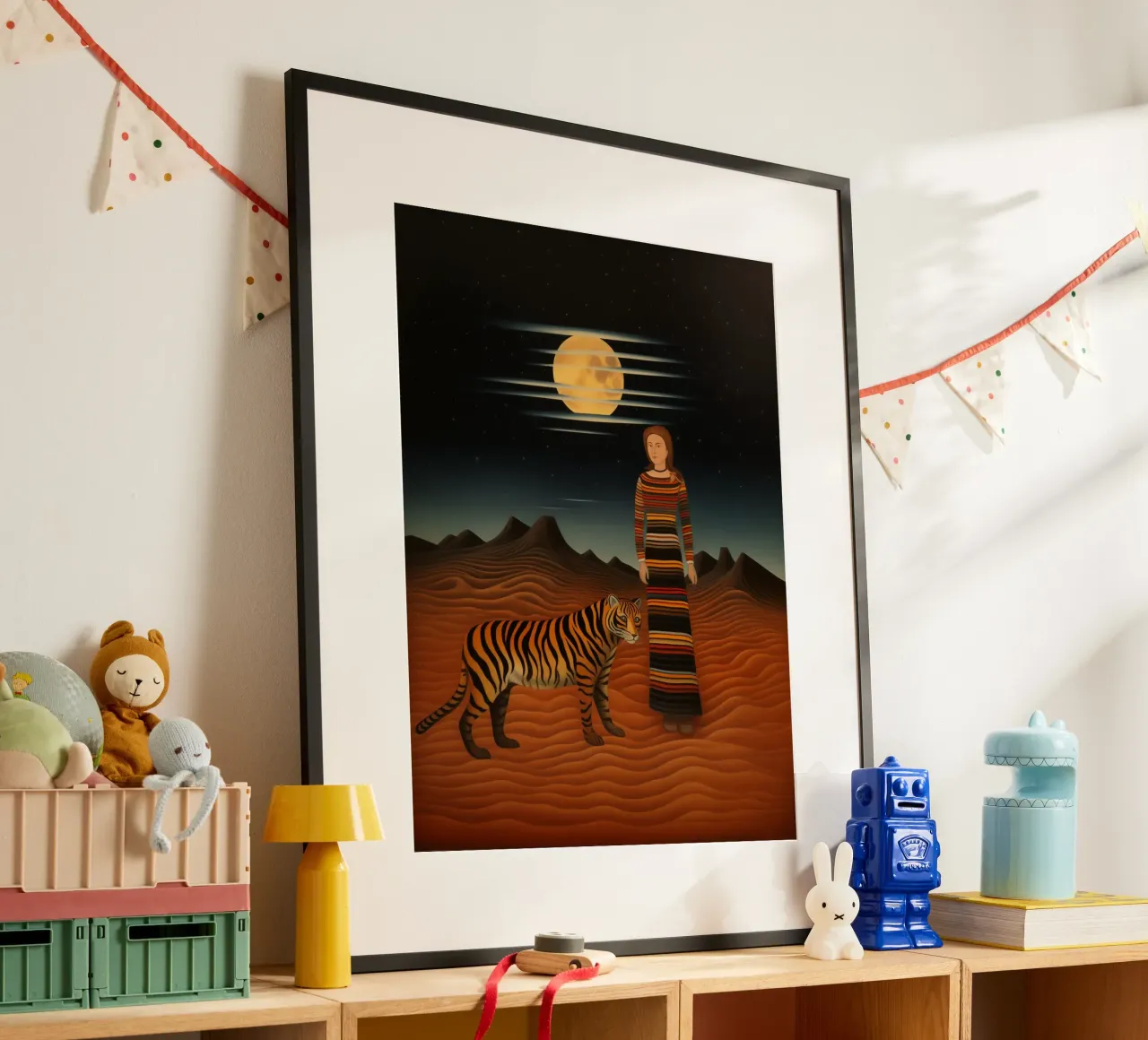 Frau mit Tiger in der Wüste | Inspiriert von Henri Rousseau Poster von Autofocus