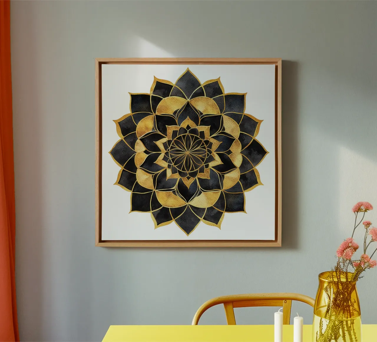 Mandala nero e oro tela con Cornice a cassetta da Spiritual Touch