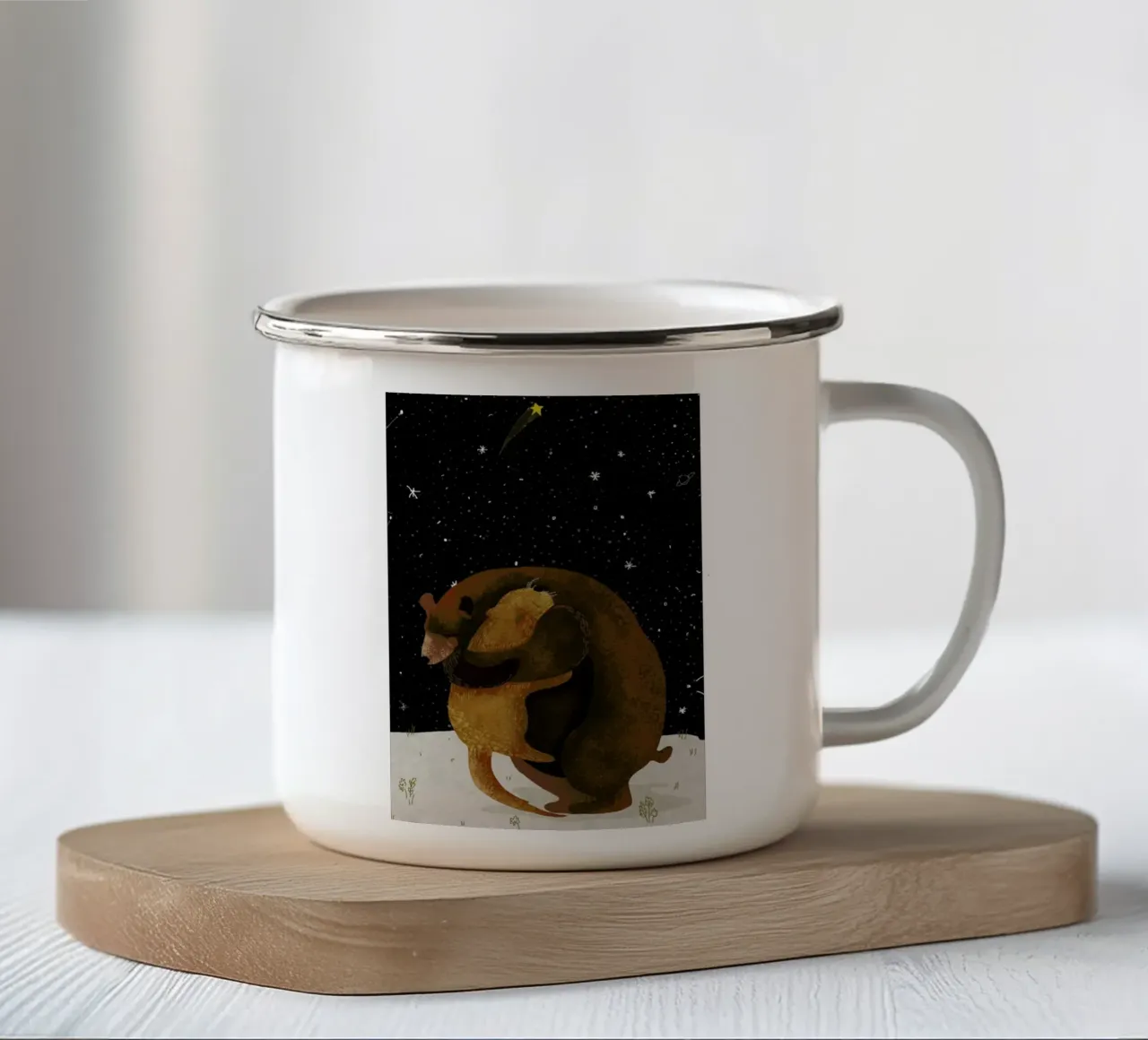 Hug enamel mug by Amalia Restrepo