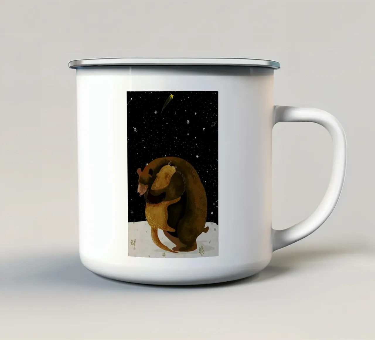 Hug enamel mug by Amalia Restrepo
