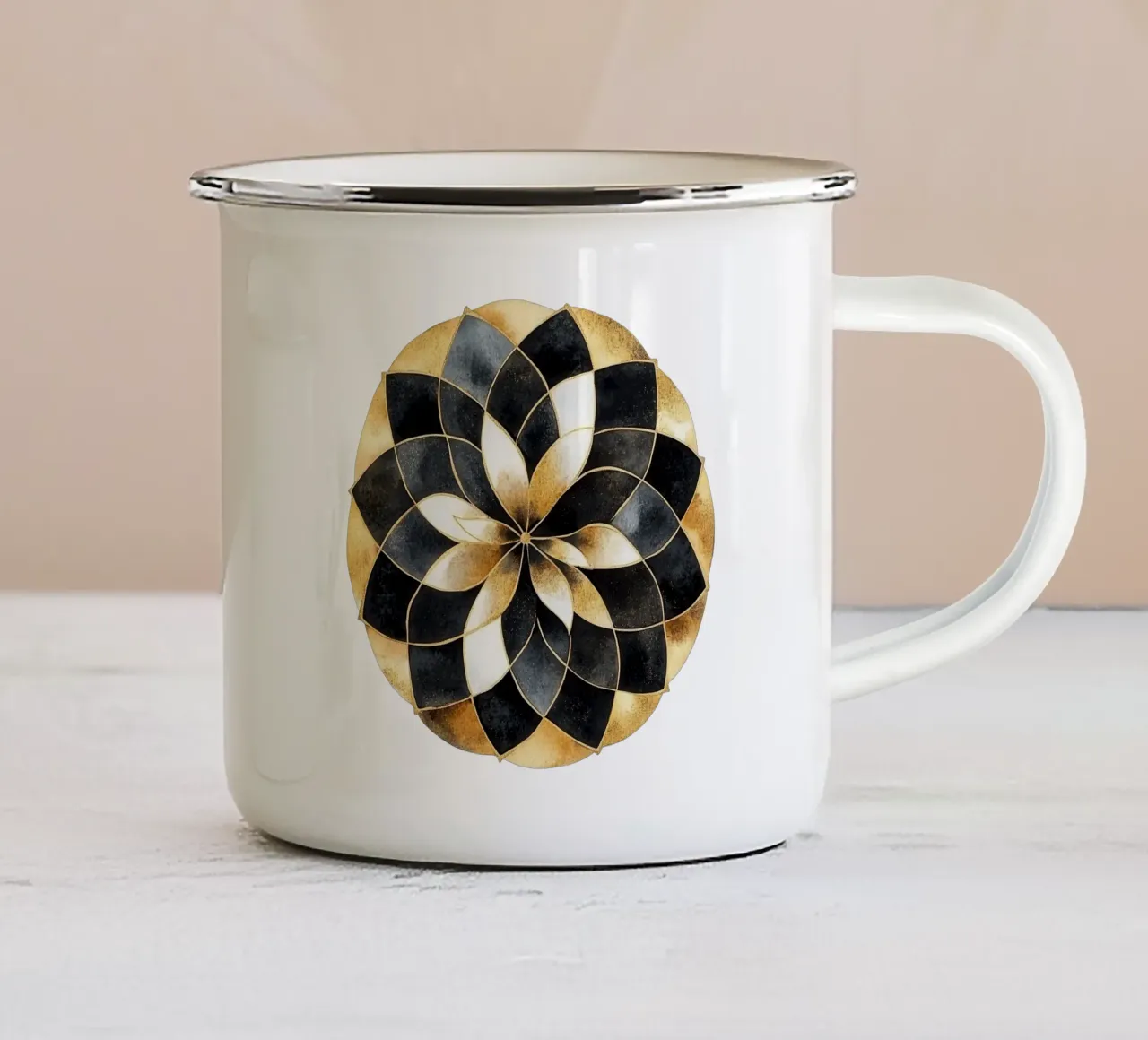Mandala nero e oro tazza in smalto da Spiritual Touch