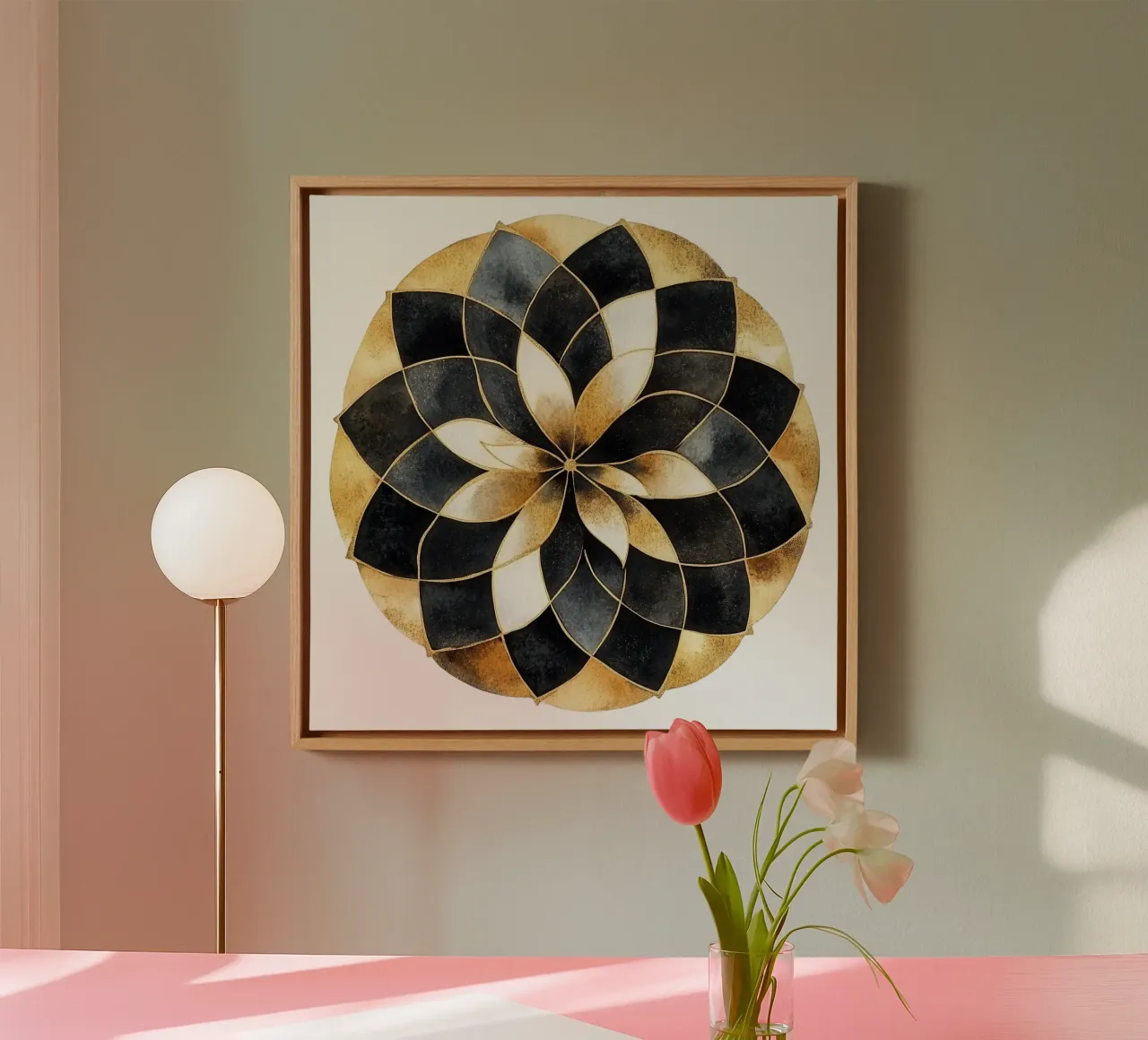 Mandala nero e oro tela con Cornice a cassetta da Spiritual Touch