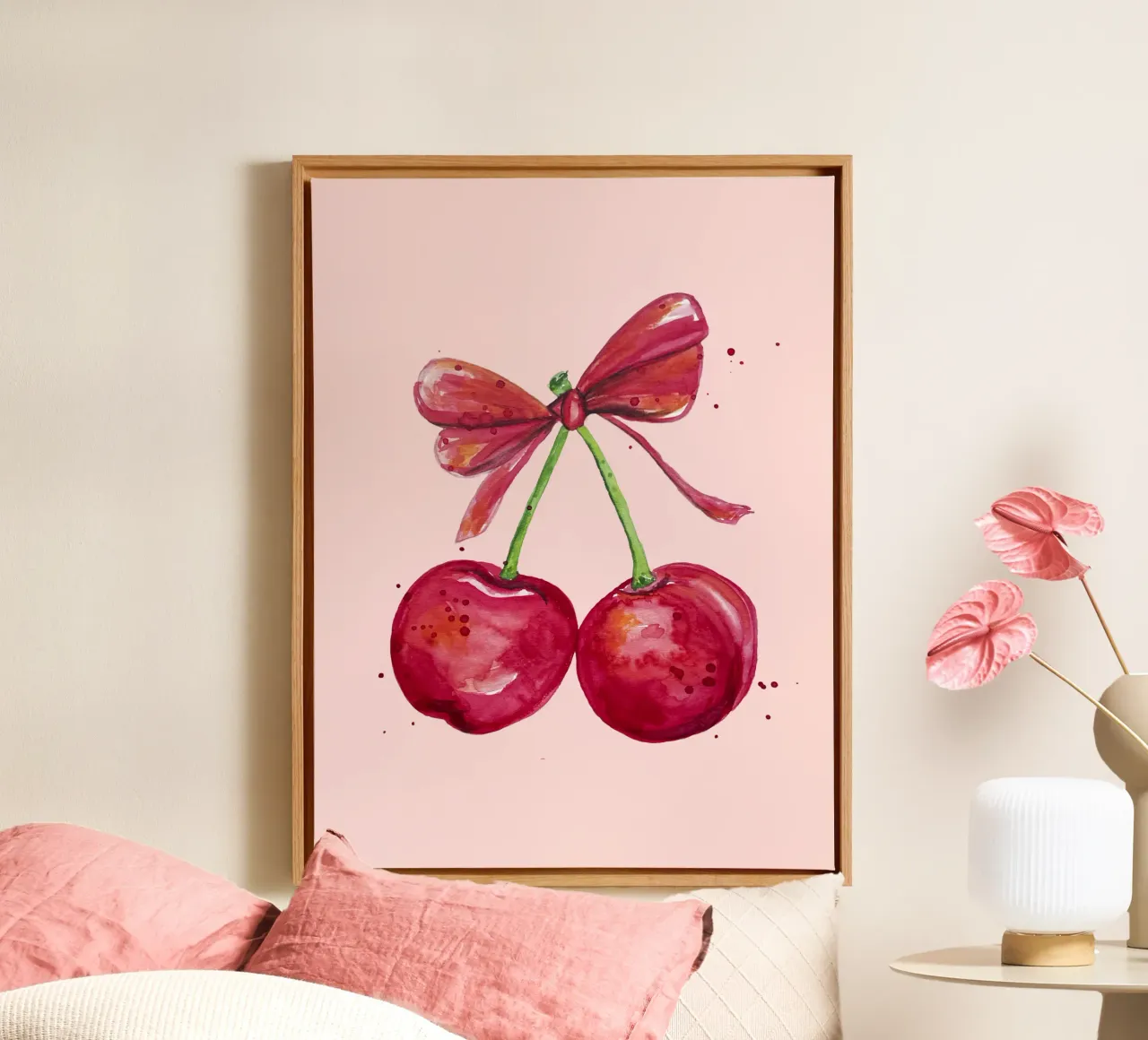 Cherries with bow watercolour canvas by Illustration Raissa Oltmanns