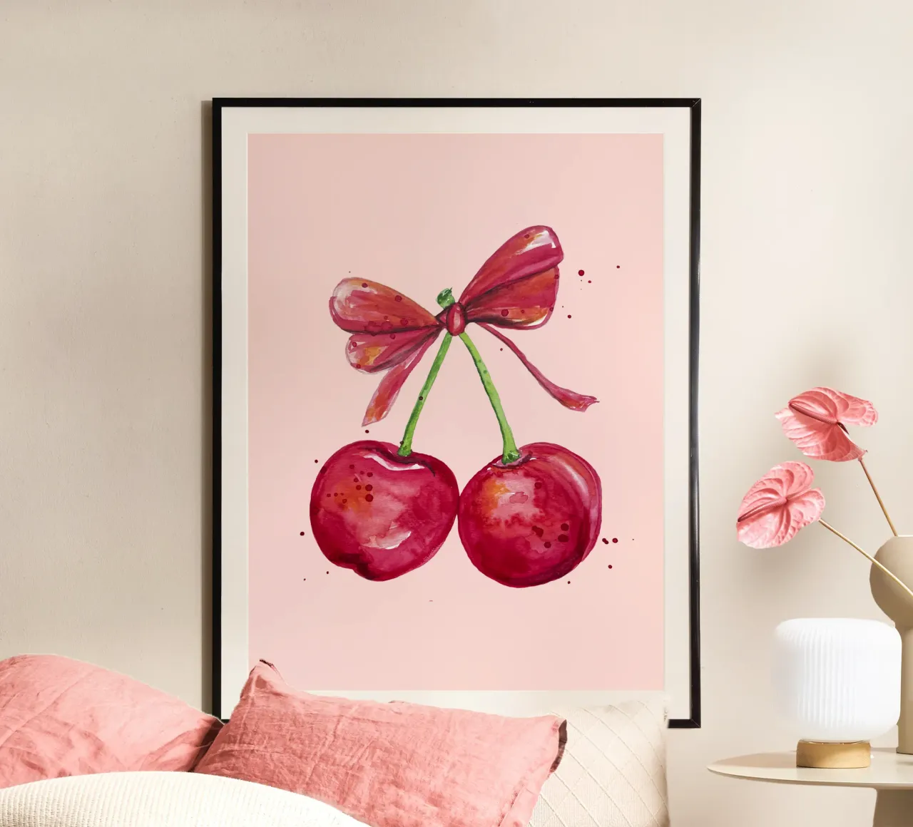 Cherries with bow watercolour poster by Illustration Raissa Oltmanns