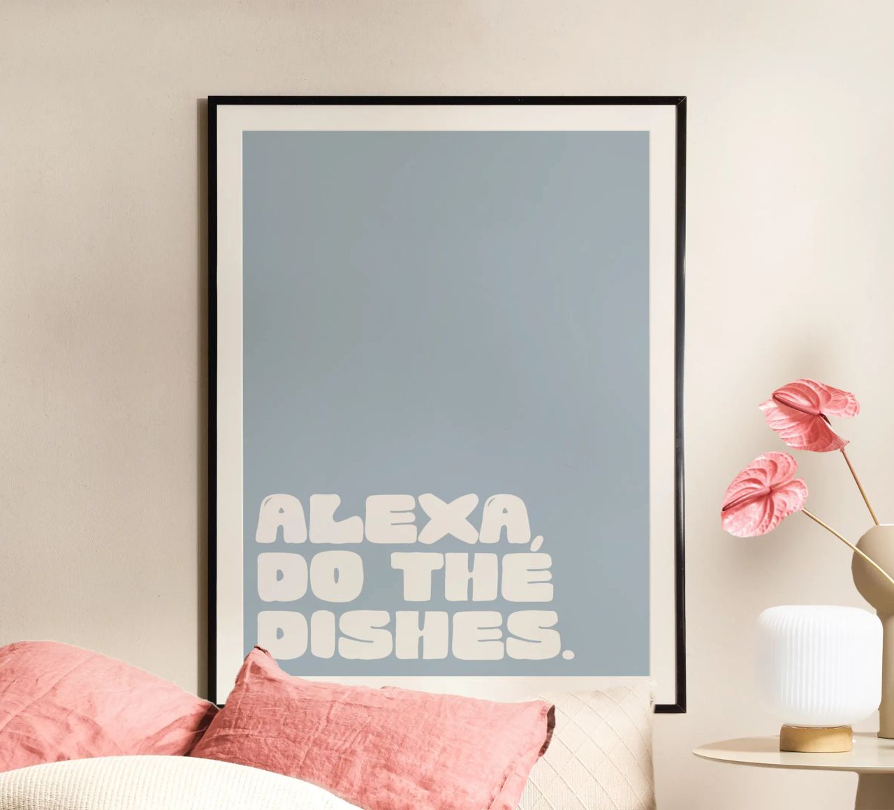 Alexa, Do The Dishes (blue) poster with aluminum frame by treechild
