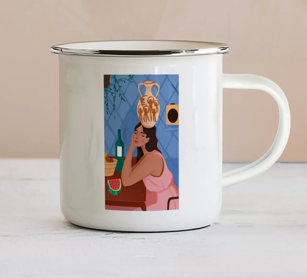 Donna con vaso tazza in smalto da Demar Galleria