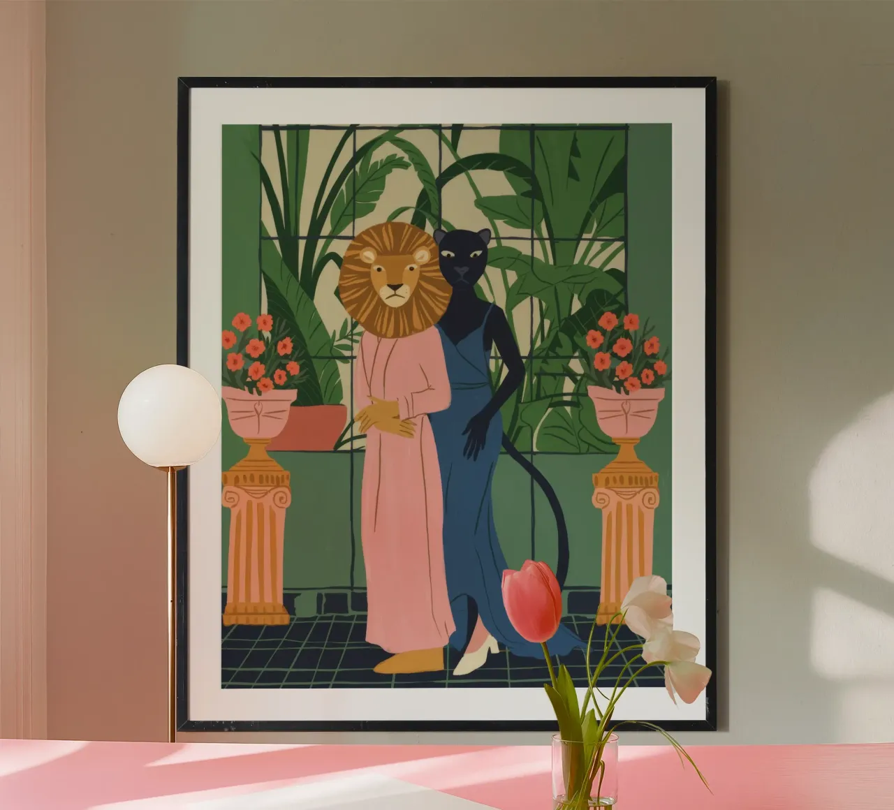 Coppia di maschere di leoni poster con telaio in plastica da Demar Galleria