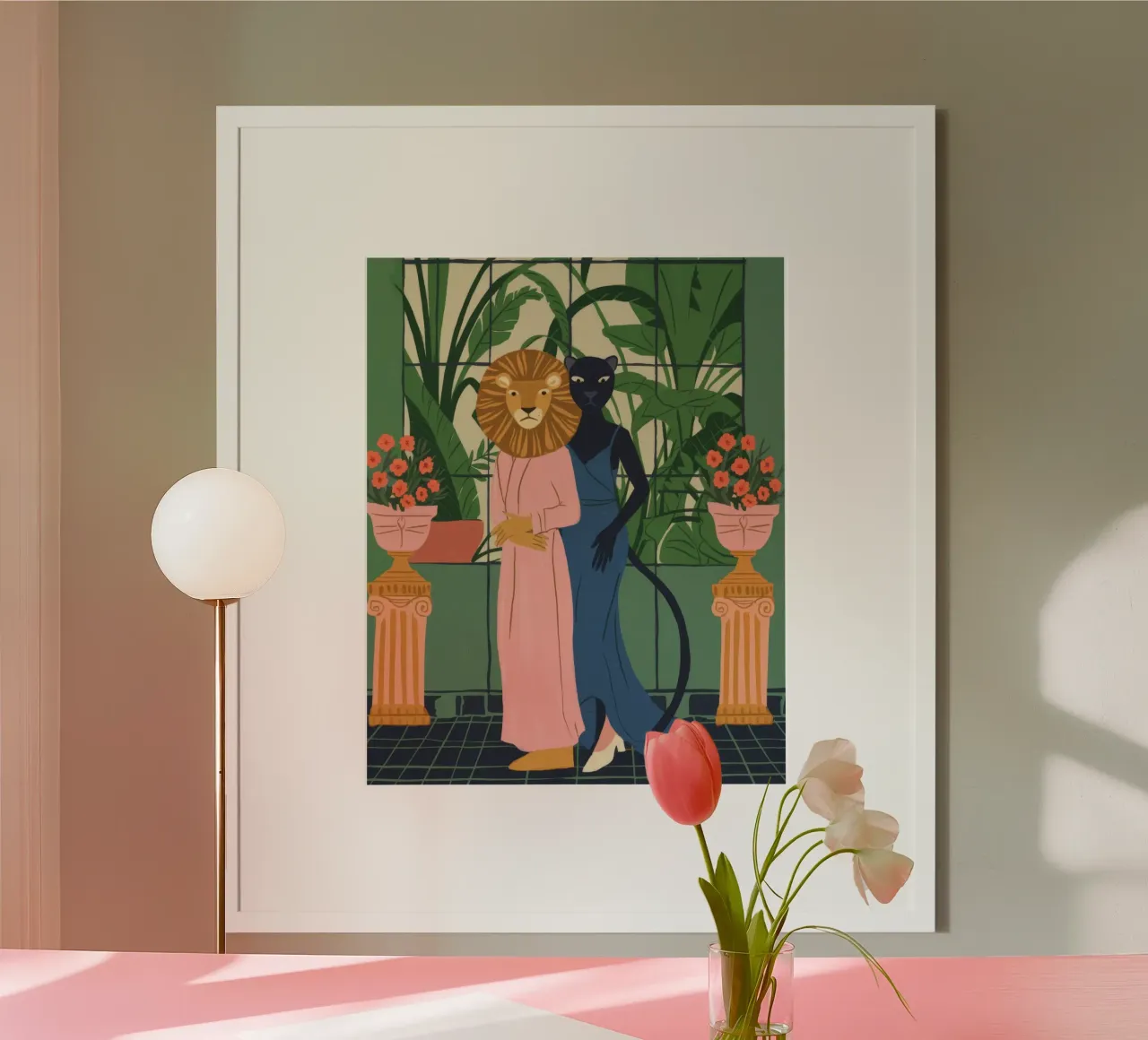 Coppia di maschere di leoni poster con telaio in plastica da Demar Galleria