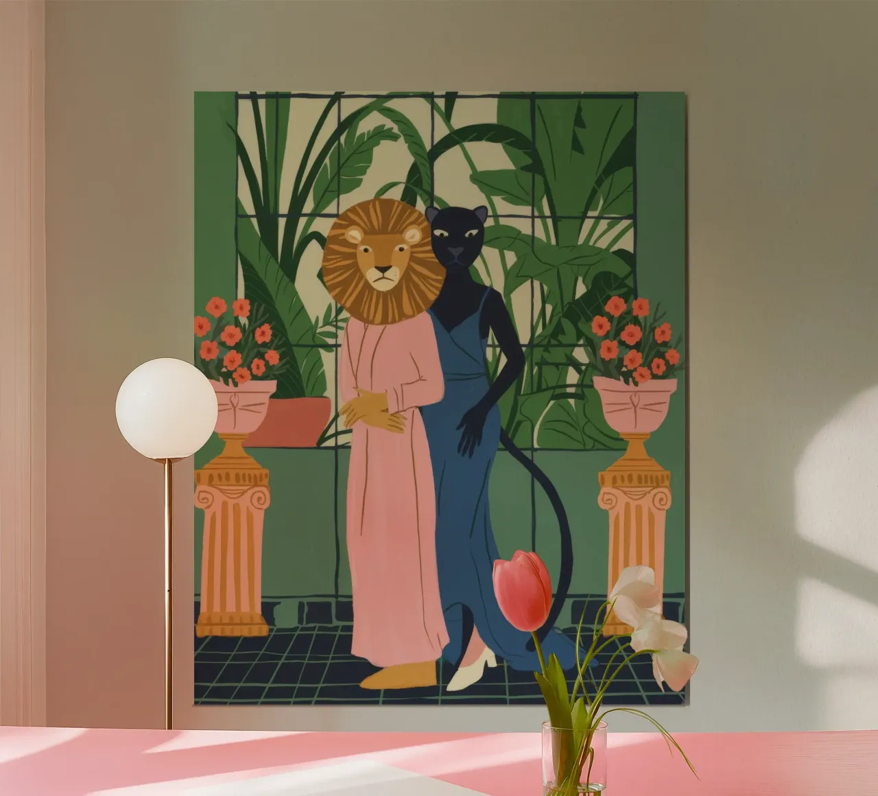 Coppia di maschere di leoni poster con telaio in plastica da Demar Galleria