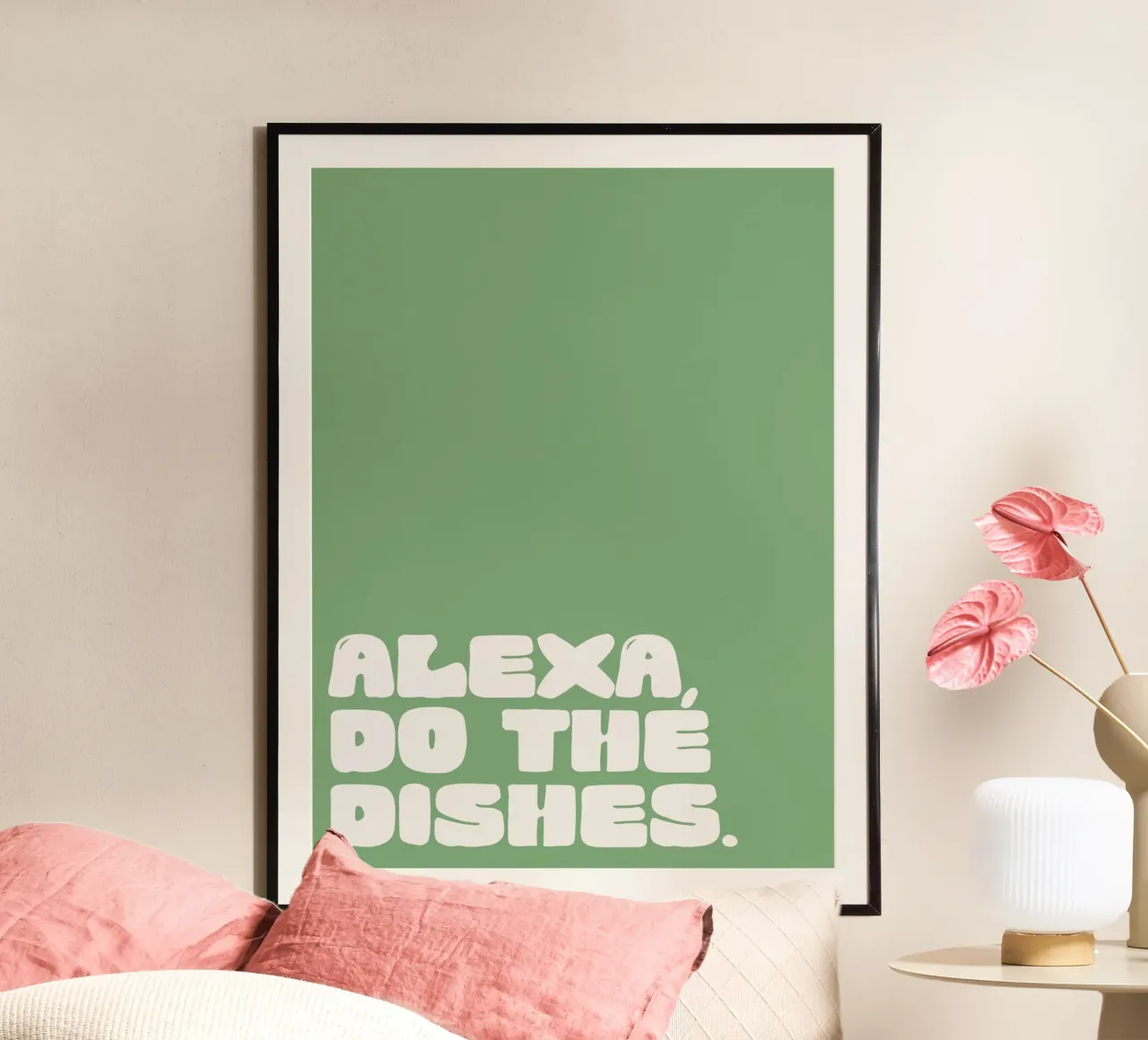 Alexa, Do The Dishes (green) poster con telaio in legno da treechild