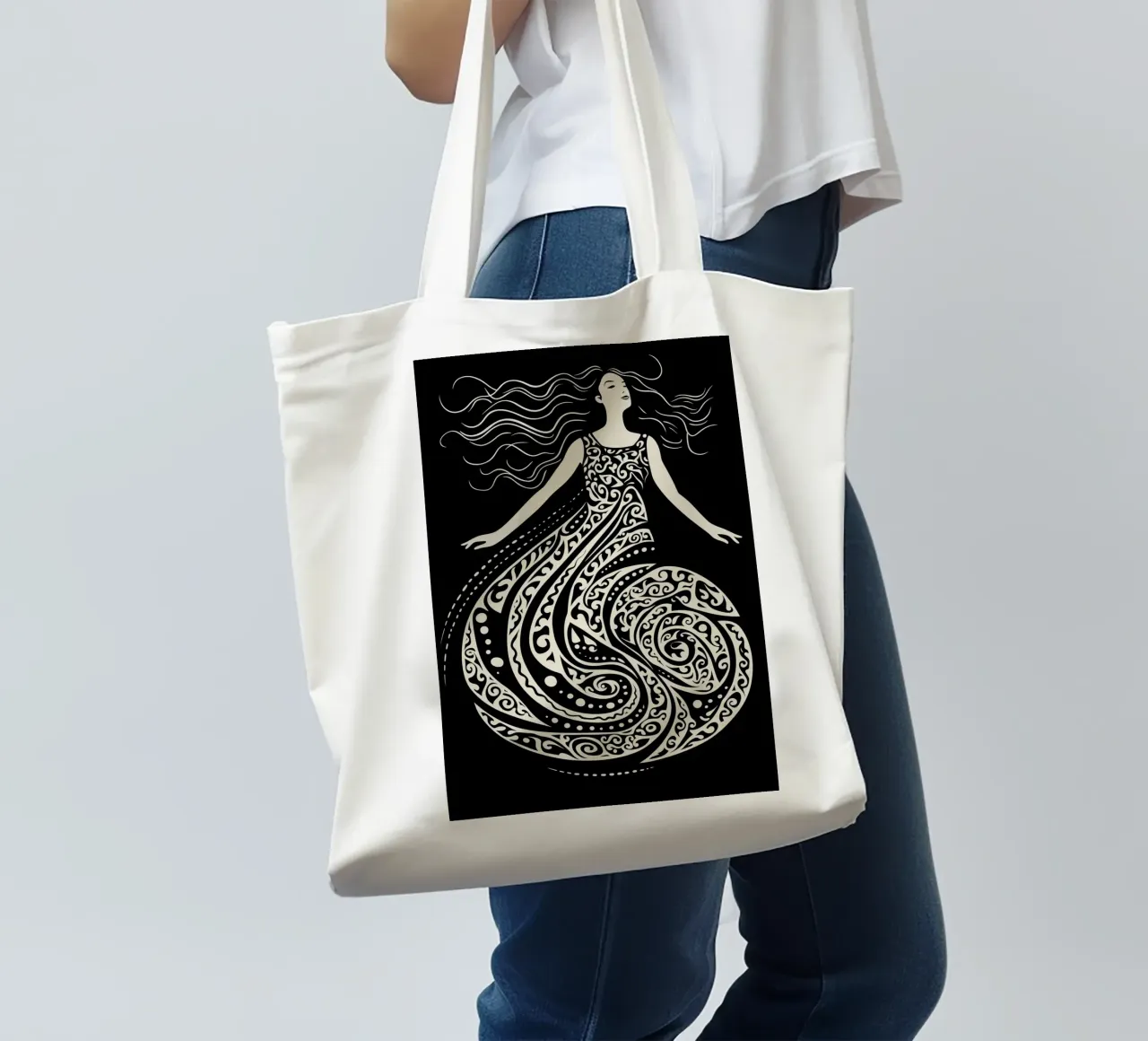 Ballerina fluttuante nello stile di una xilografia borsa in juta da Autofocus