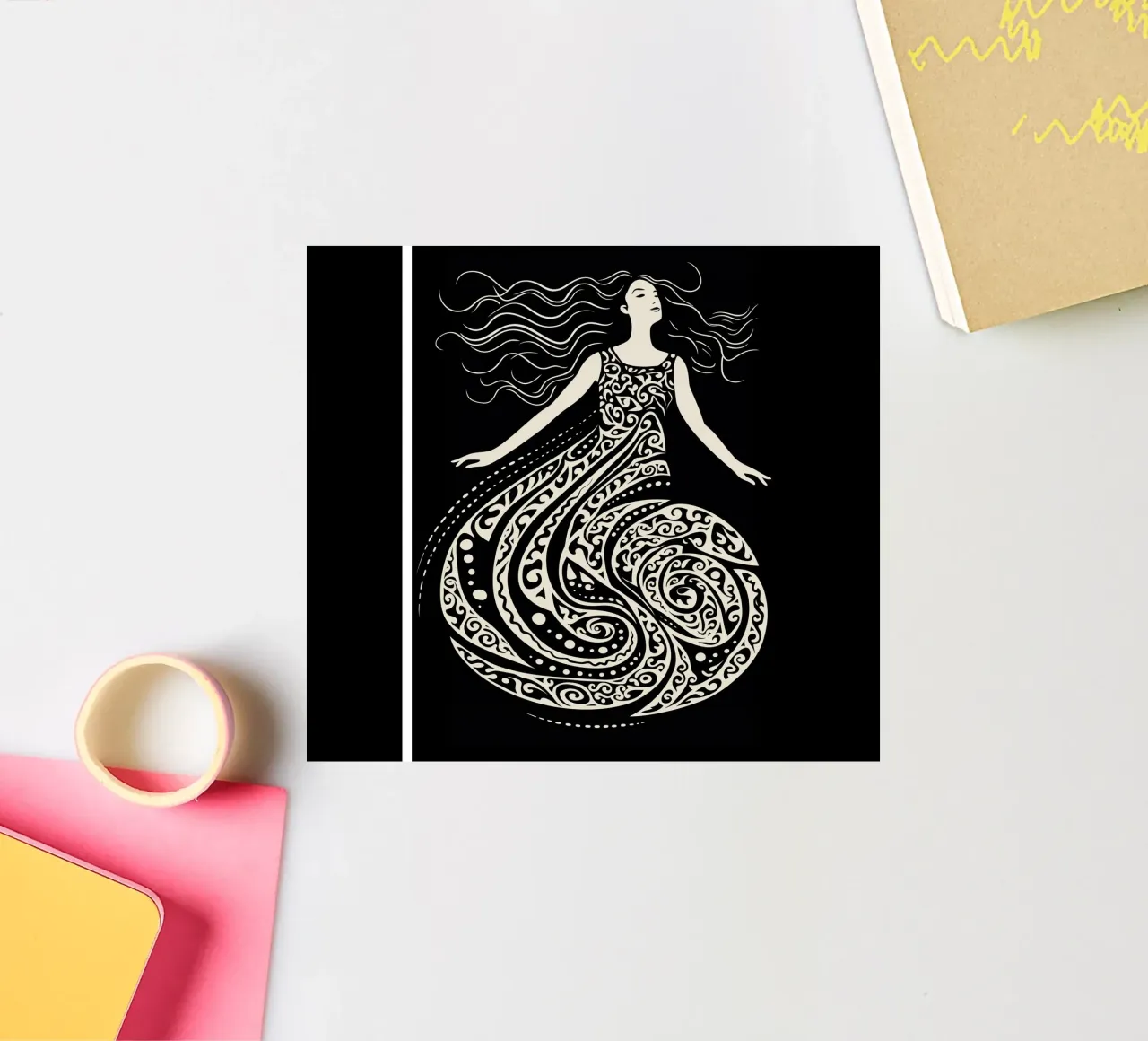 Floating dancer in the style of a woodcut sticker by Autofocus