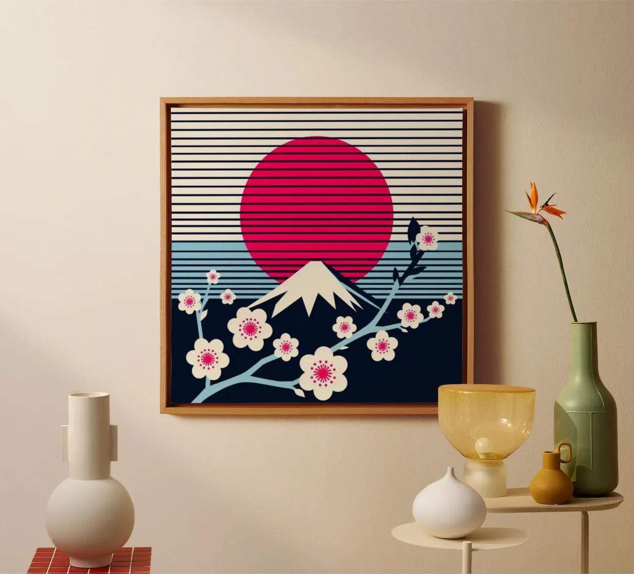 Sakura, Fuji en zon - vintage posterprint canvas met Baklijst van posterprints-by-nomad