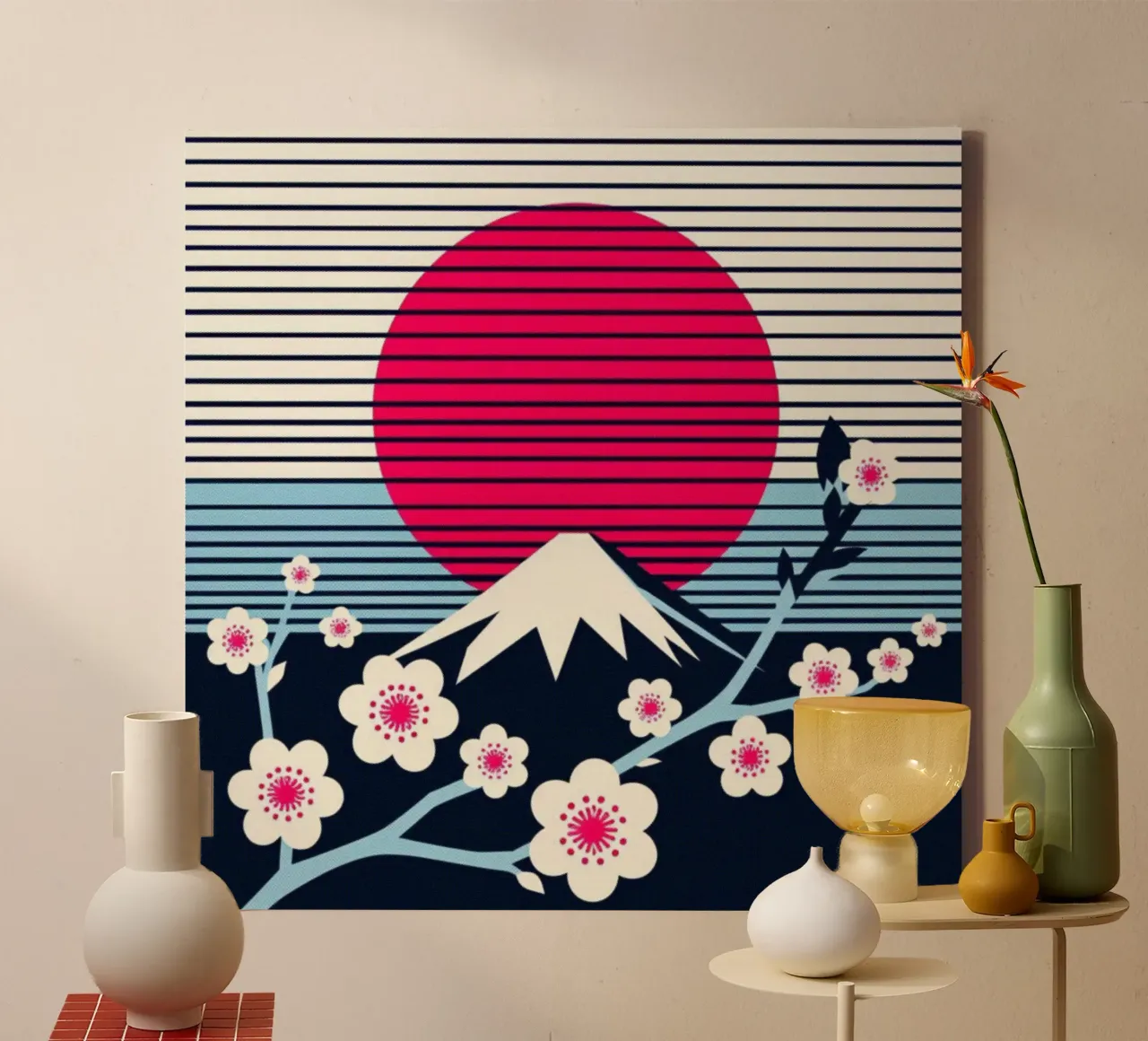 Sakura, Fuji en zon - vintage posterprint canvas met Baklijst van posterprints-by-nomad