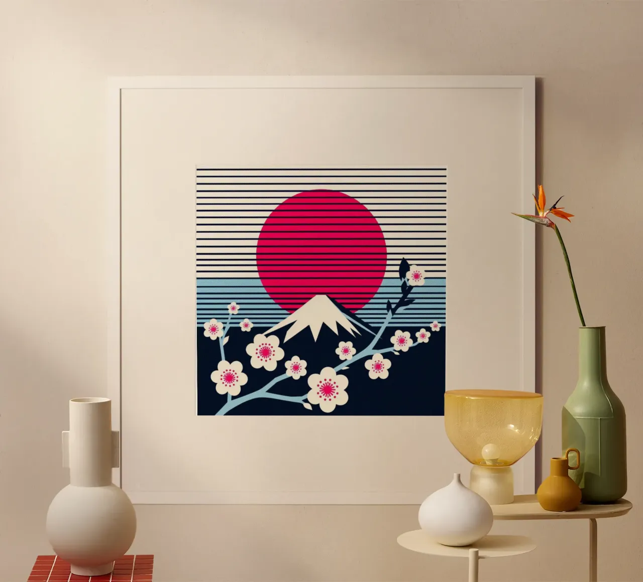 Sakura, Fuji e sole - stampa poster vintage poster con telaio in legno da posterprints-by-nomad