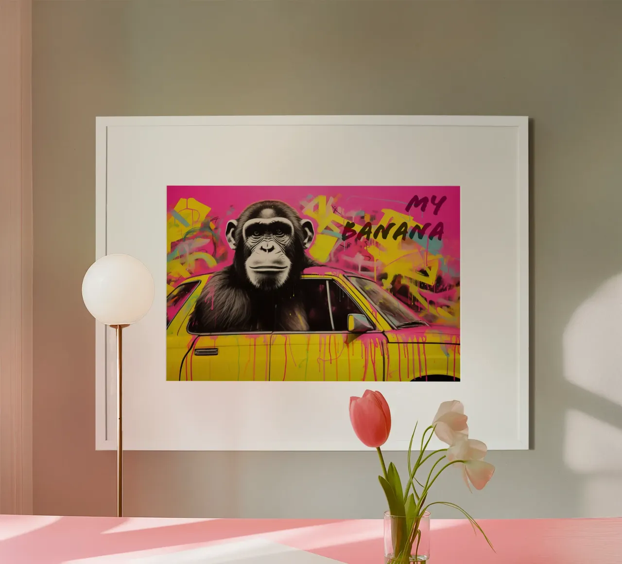 My Banana | Singe avec voiture jaune Street Art poster avec cadre en plastique de Autofocus