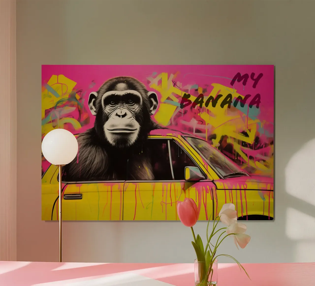 My Banana | Singe avec voiture jaune Street Art poster avec cadre en plastique de Autofocus