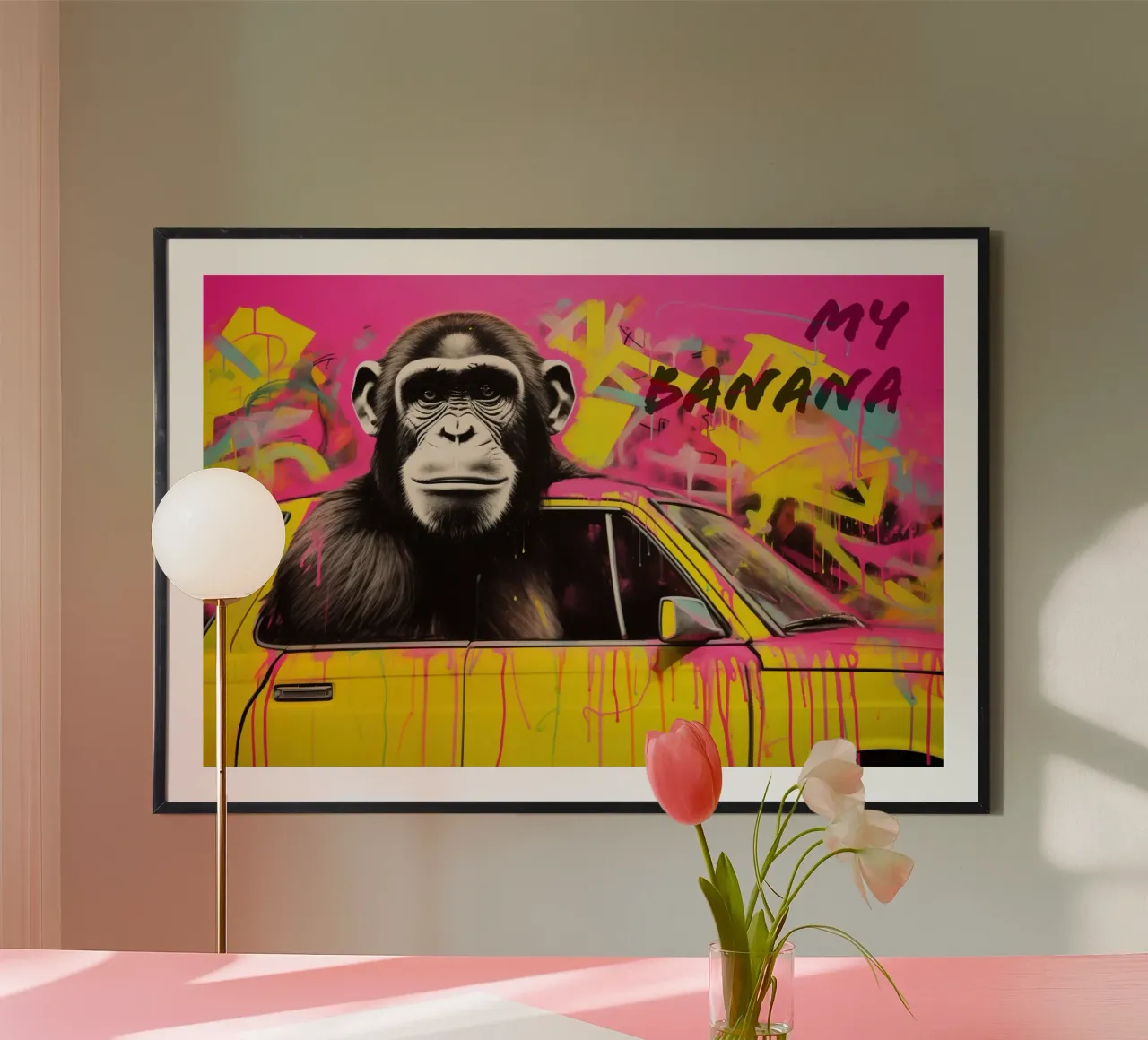My Banana | Singe avec voiture jaune Street Art poster avec cadre en plastique de Autofocus