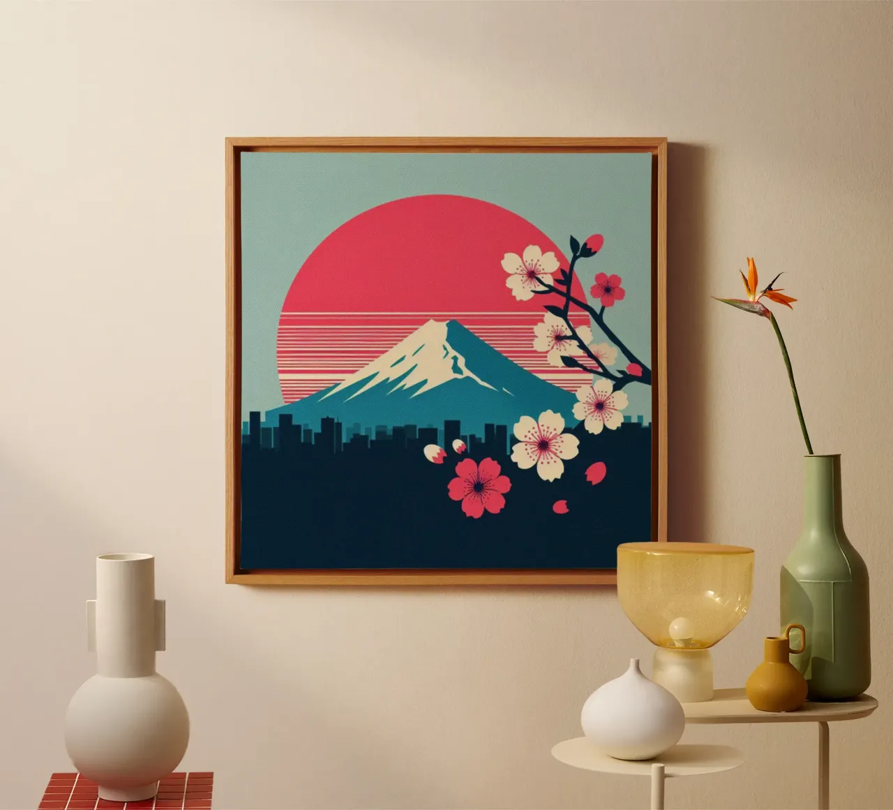 Sakura, Fuji en zon - vintage posterprint canvas met Baklijst van posterprints-by-nomad