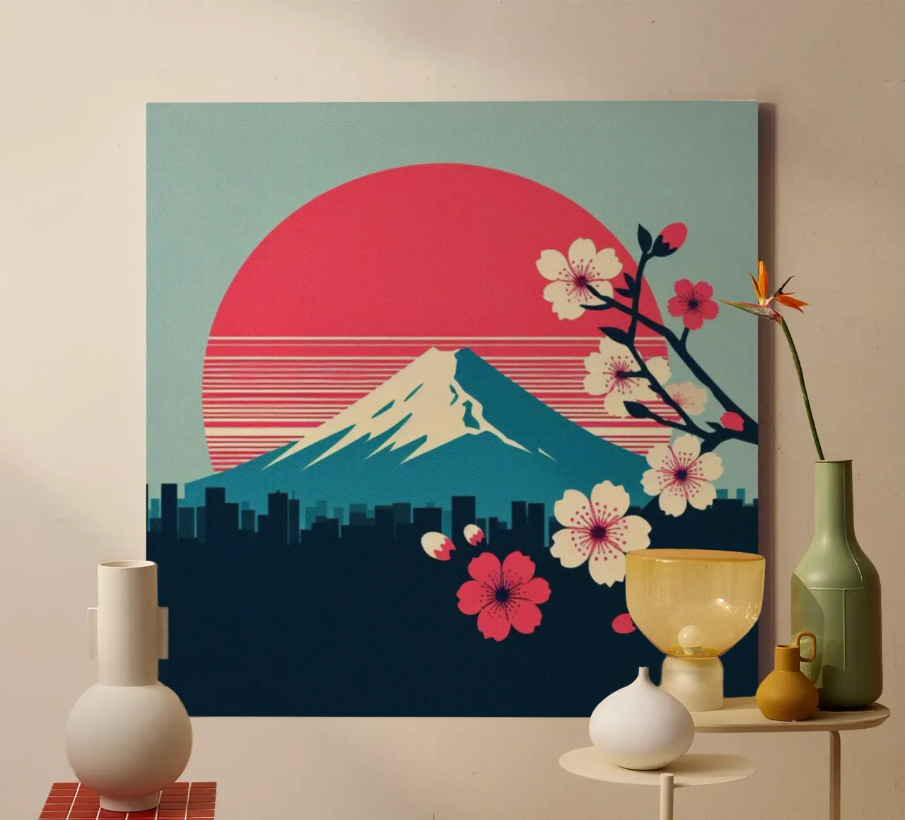 Sakura, Fuji en zon - vintage posterprint canvas met Baklijst van posterprints-by-nomad